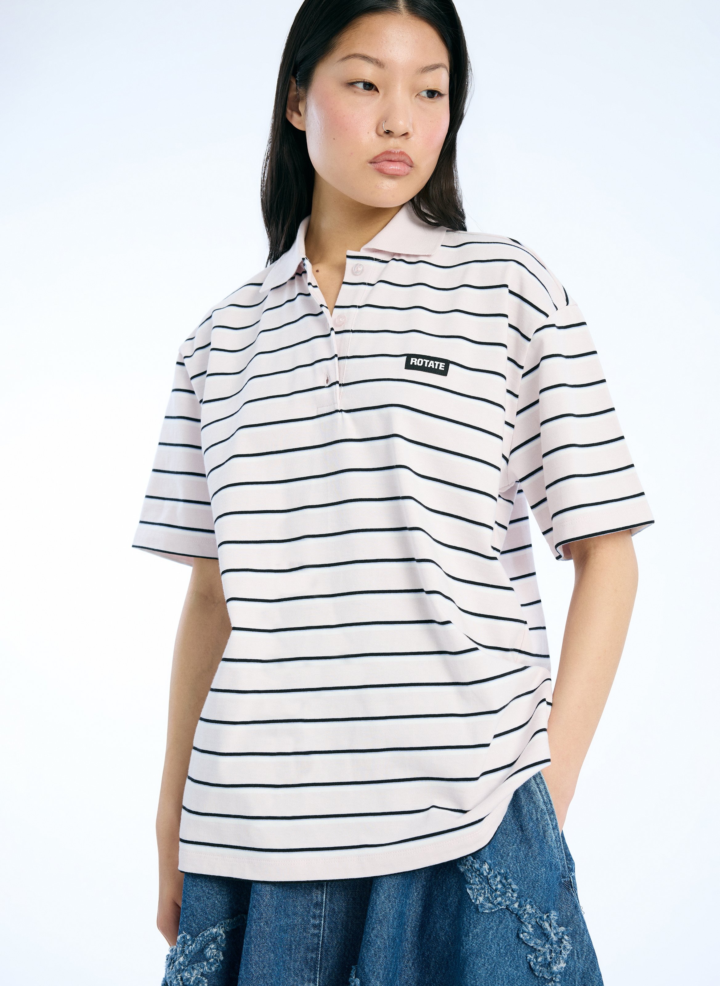 Oversized Striped Short Sleeve Polo ROTATE Purple