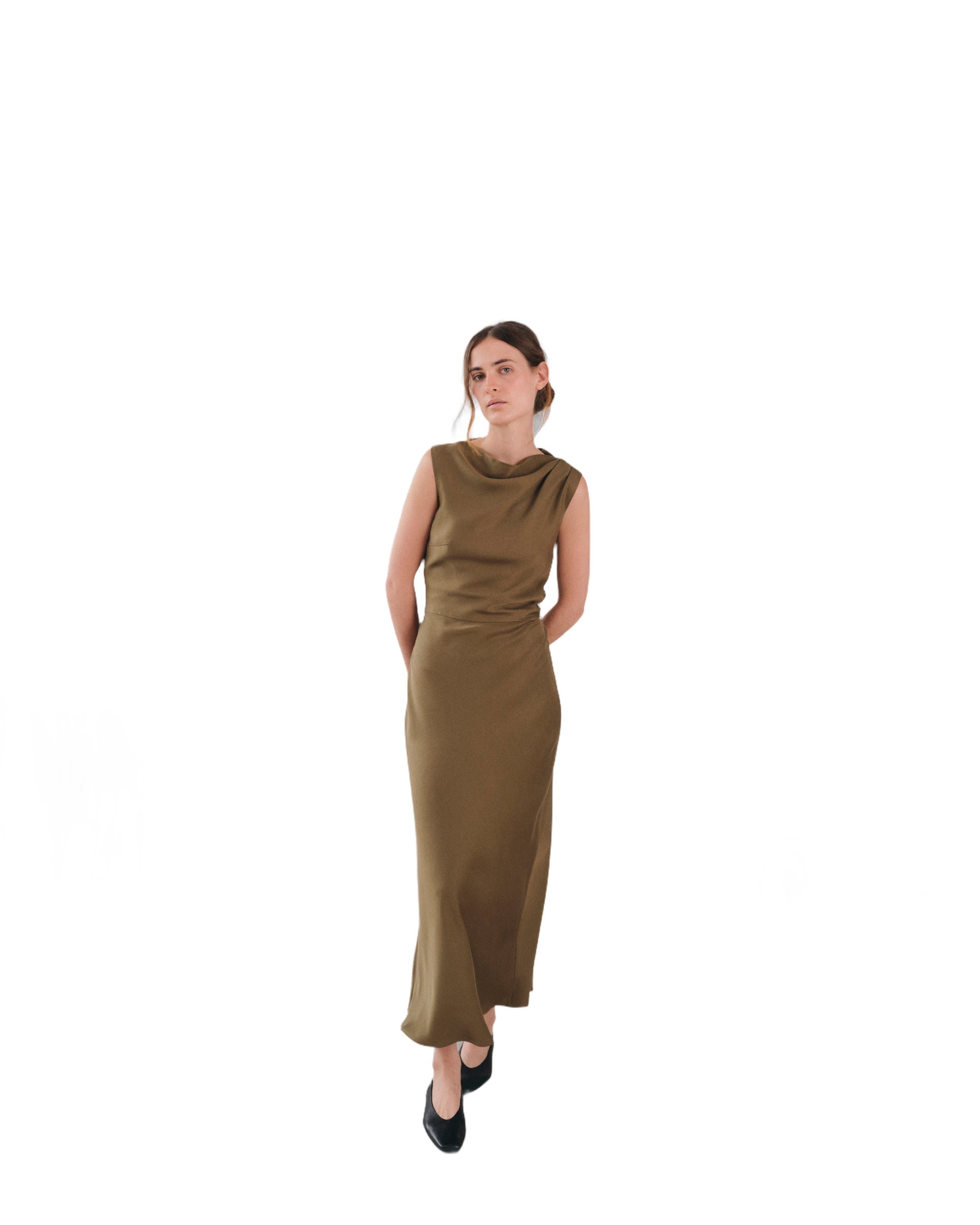 Long dress Kalmar khaki satin Green