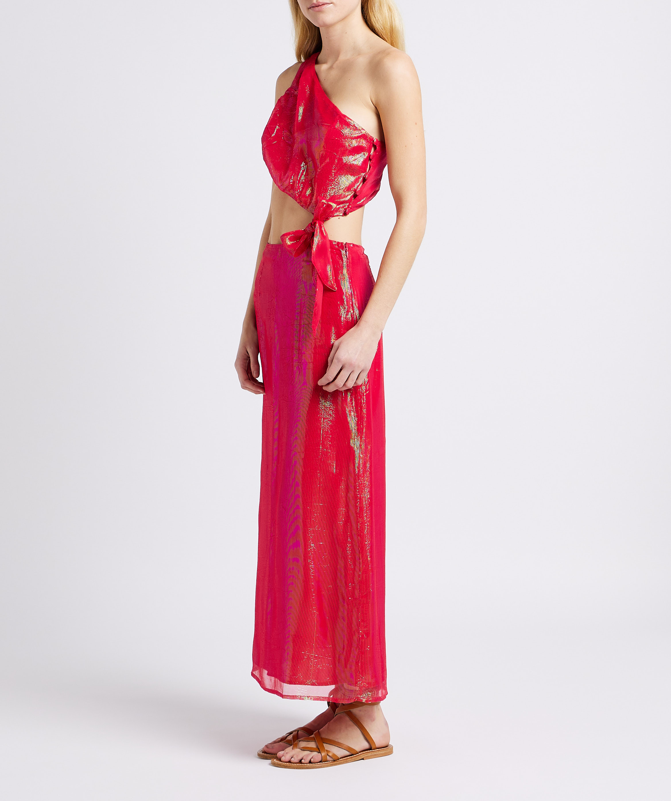 Long metallic asymmetric dress SUNDRESS Red