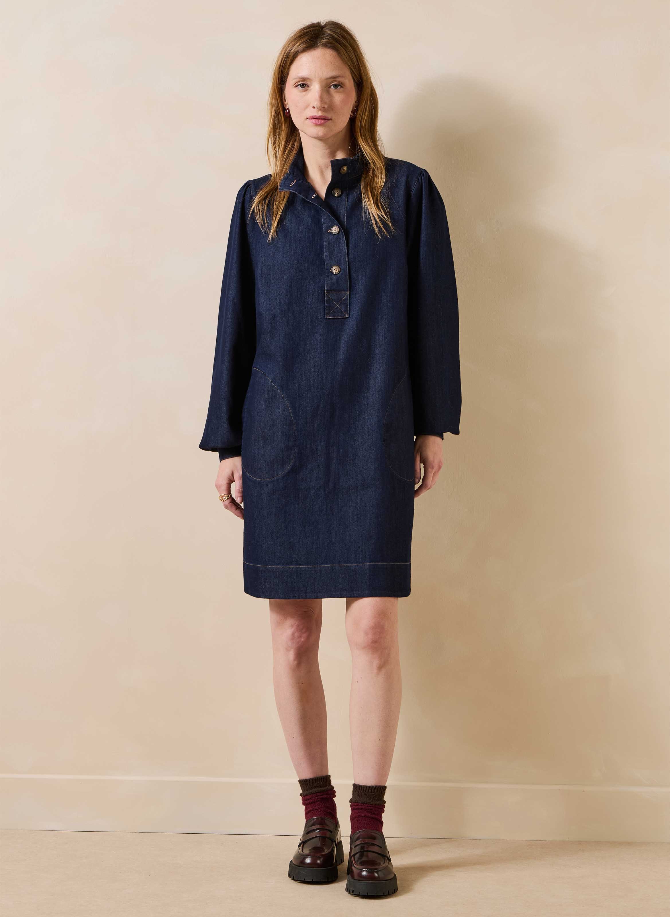 Robe denim ample courte en coton mélangé LA FEE MARABOUTEE Bleu