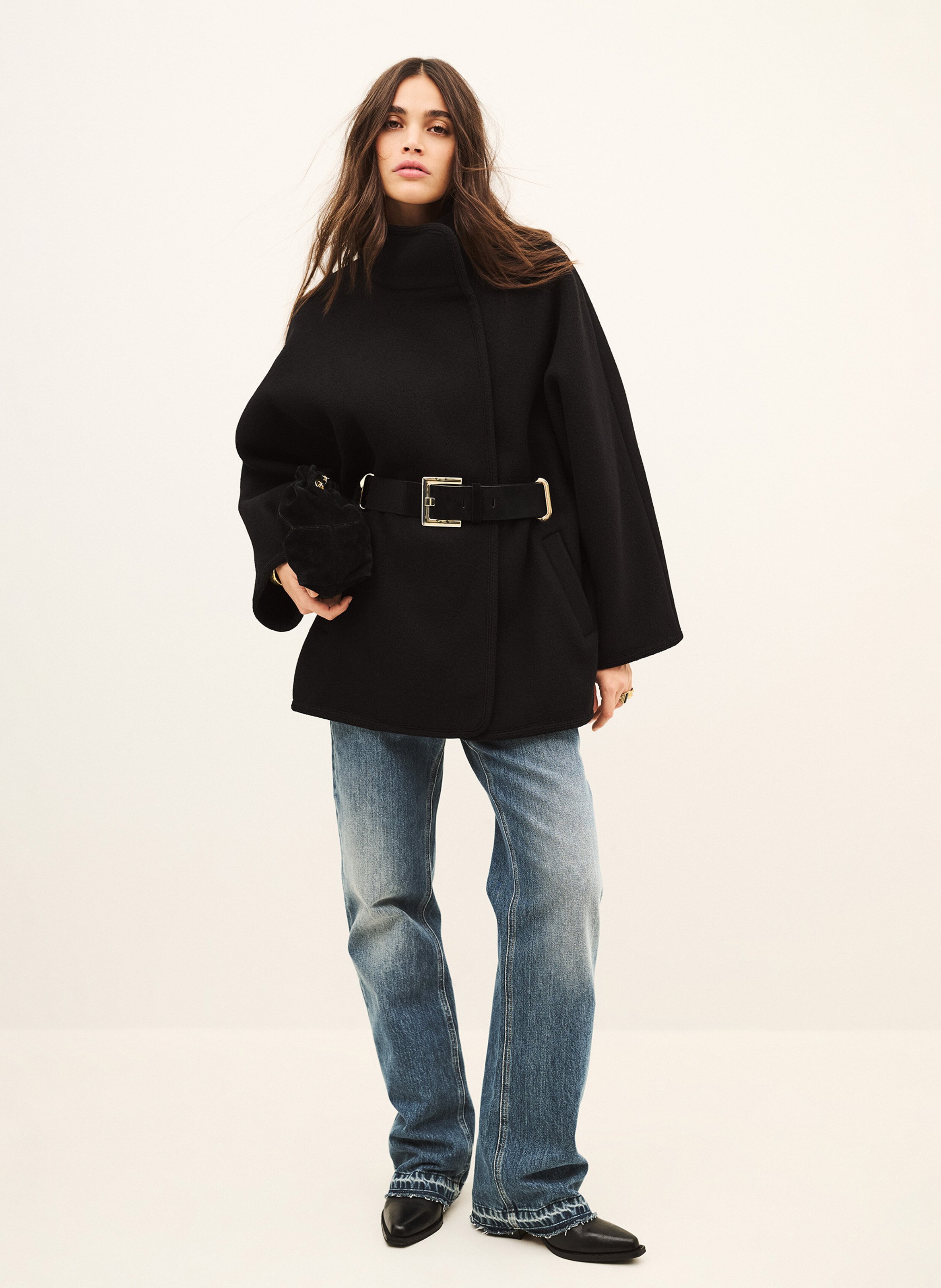 Manteau col montant ceinturé en laine mélangée BA&SH Noir