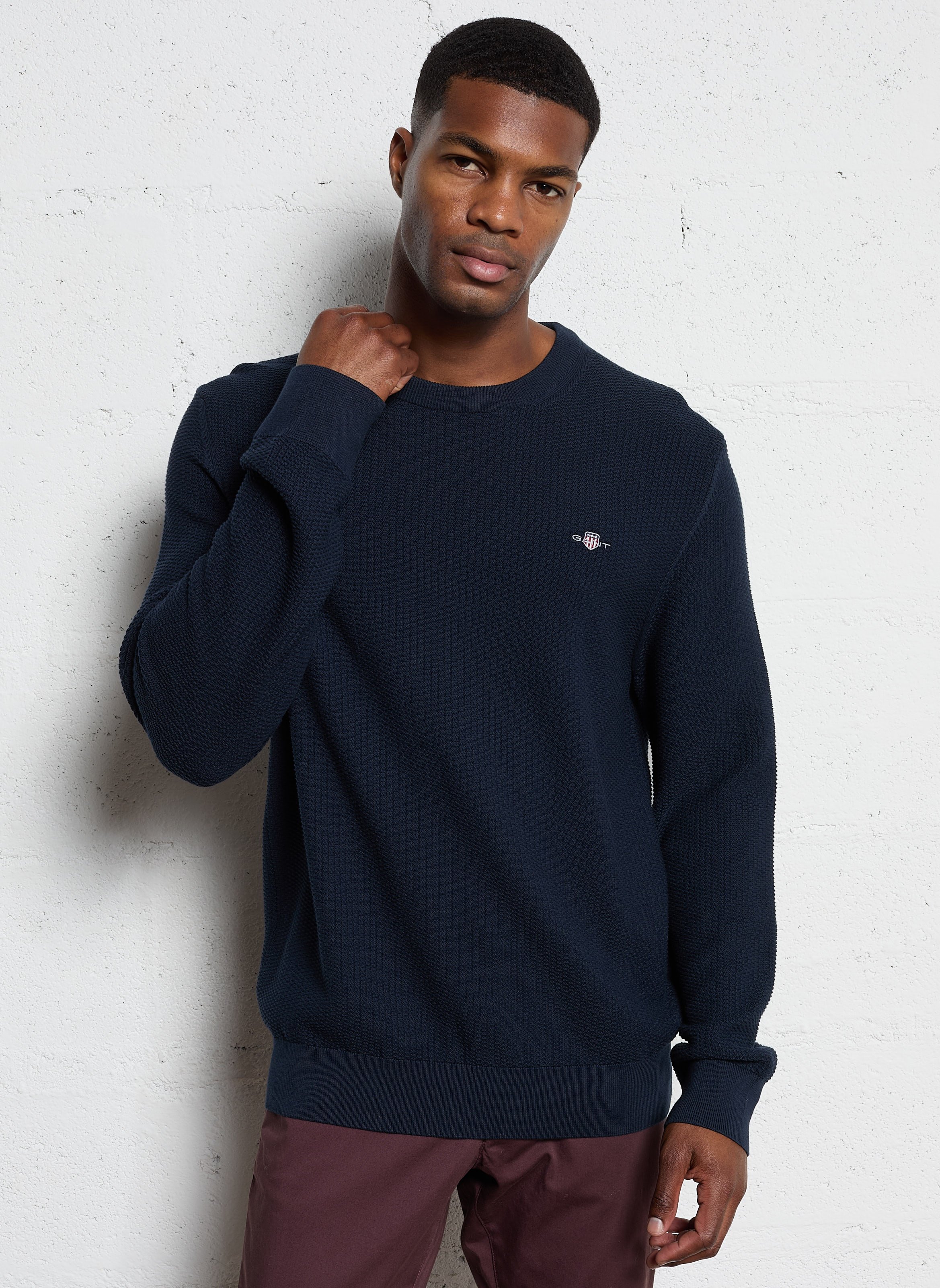 Pull Homme Ychnaim Col Rond - Jersey Gaufré Manches Longues, Loose Fit, 100% Polyester