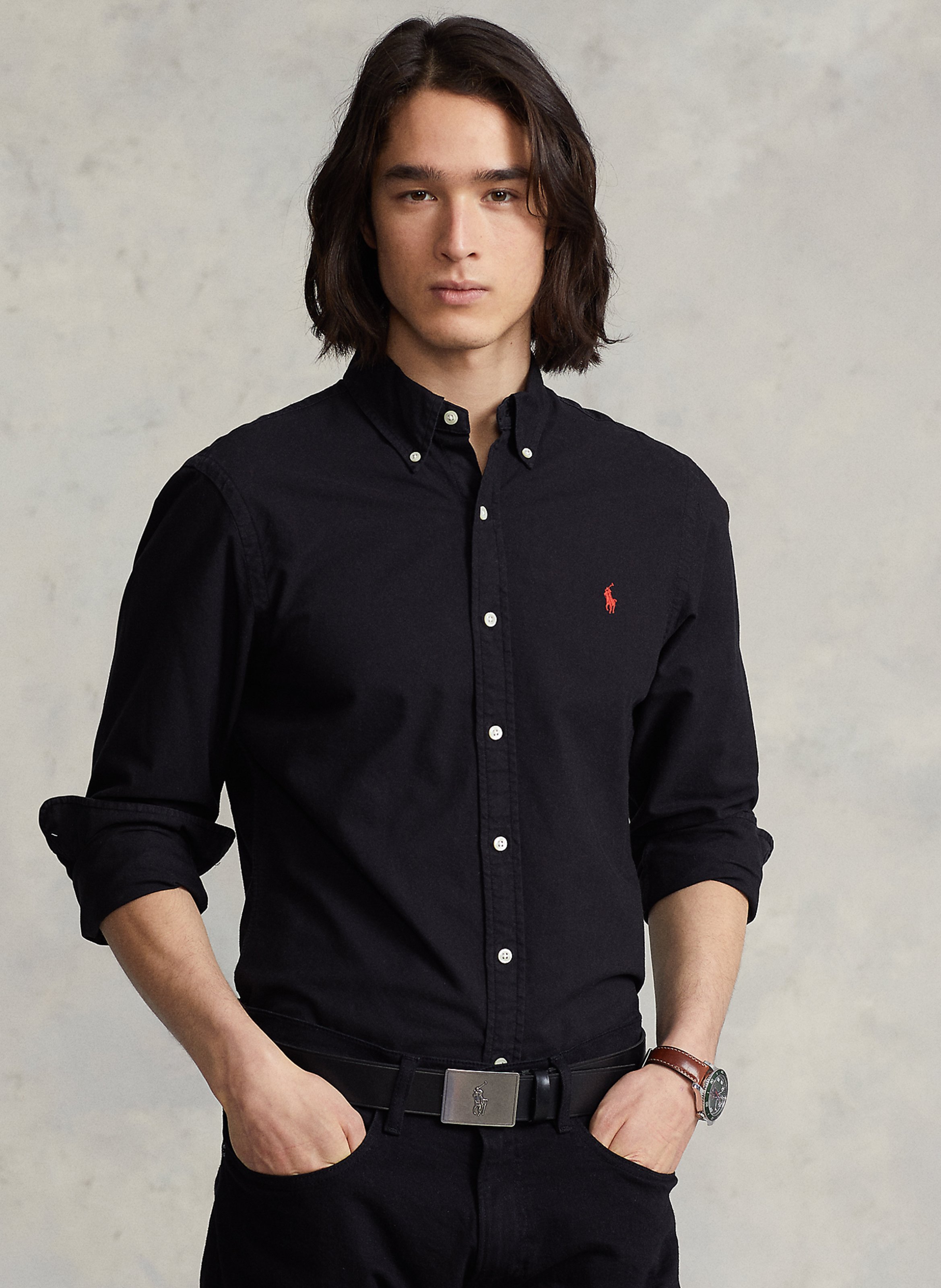 Slim-fit embroidered cotton shirt with classic collar POLO RALPH LAUREN Black