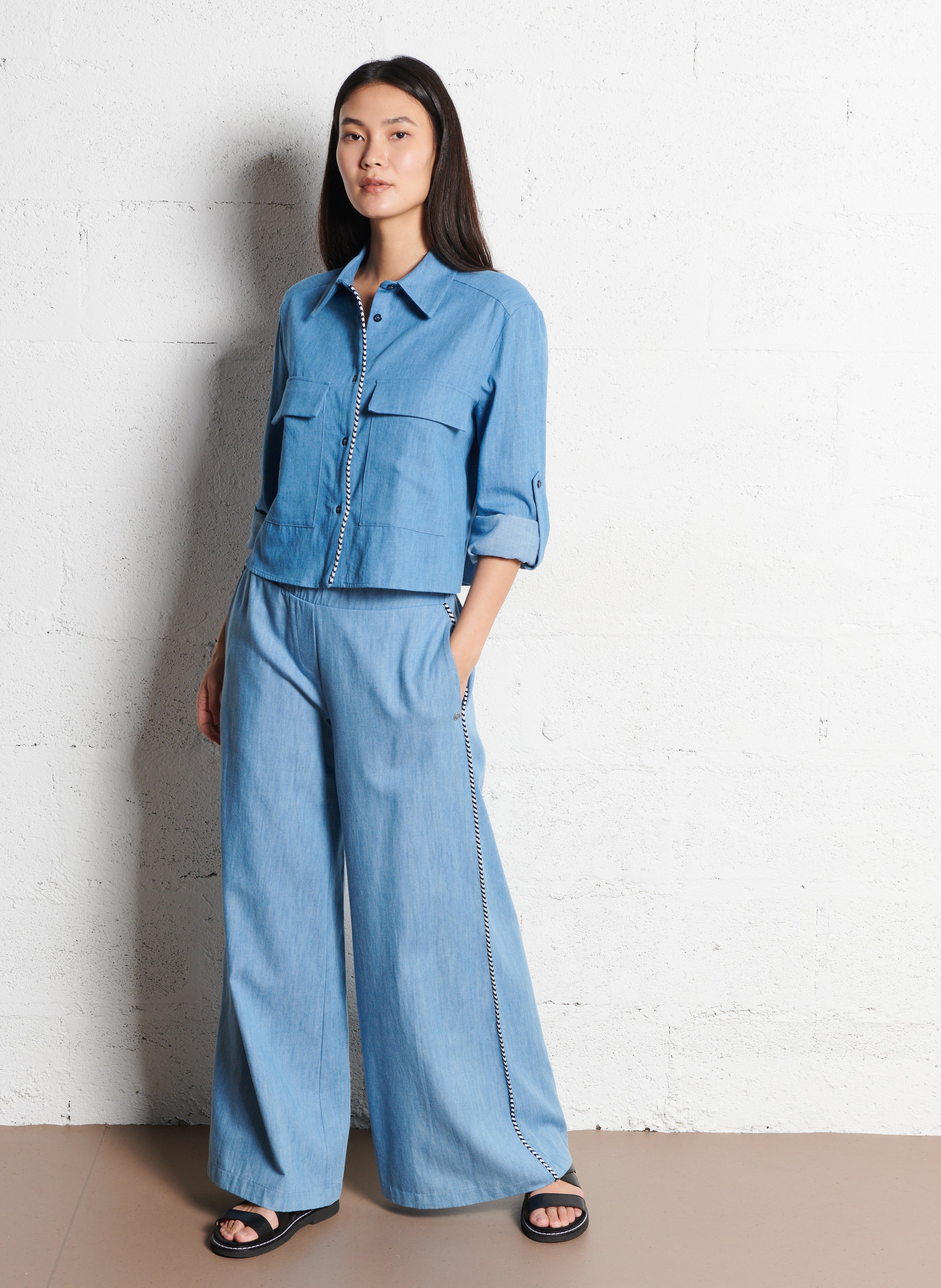 Cotton and linen shirt with classic collar PLEASE Blue