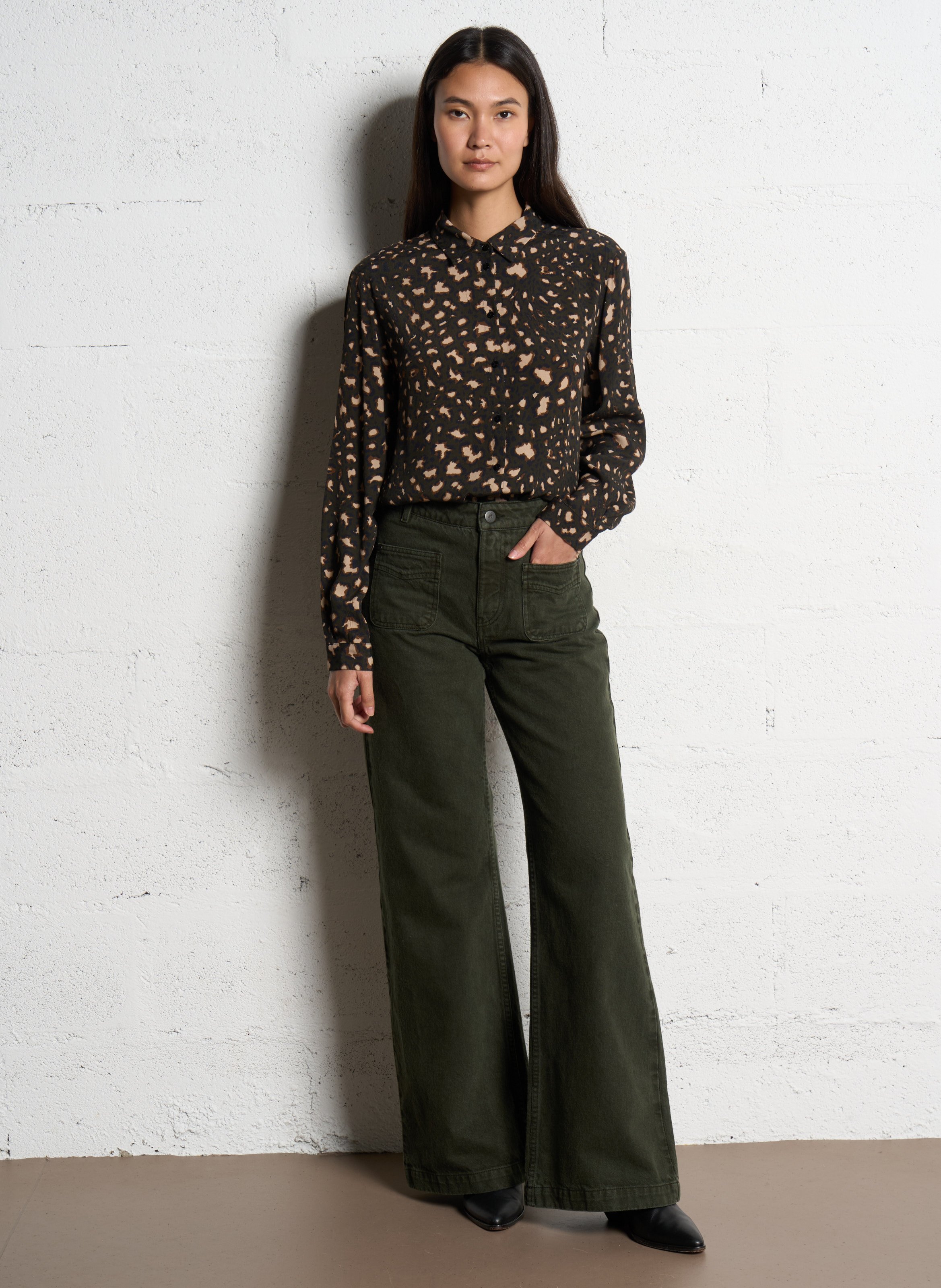 Jean large taille haute en coton Vert