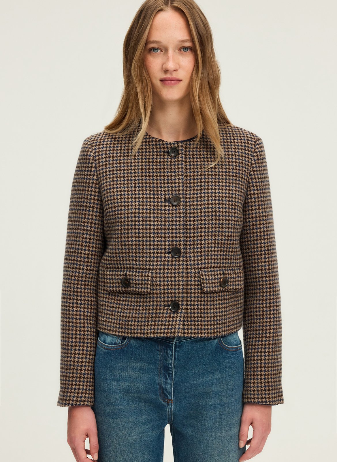 Veste col rond pied de coq en laine PABLO Beige