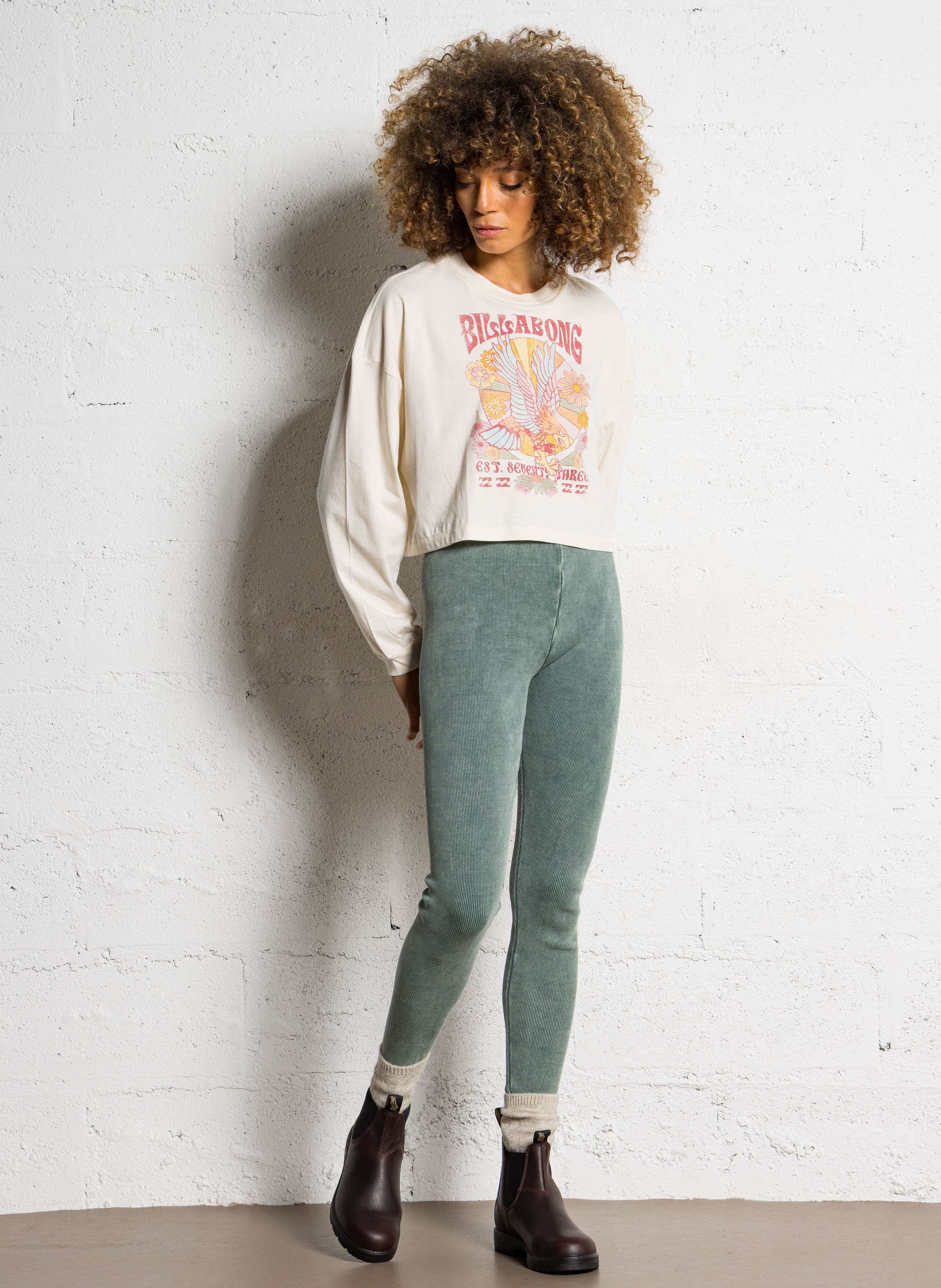 Tee-shirt crop col rond imprimé en coton BILLABONG Beige