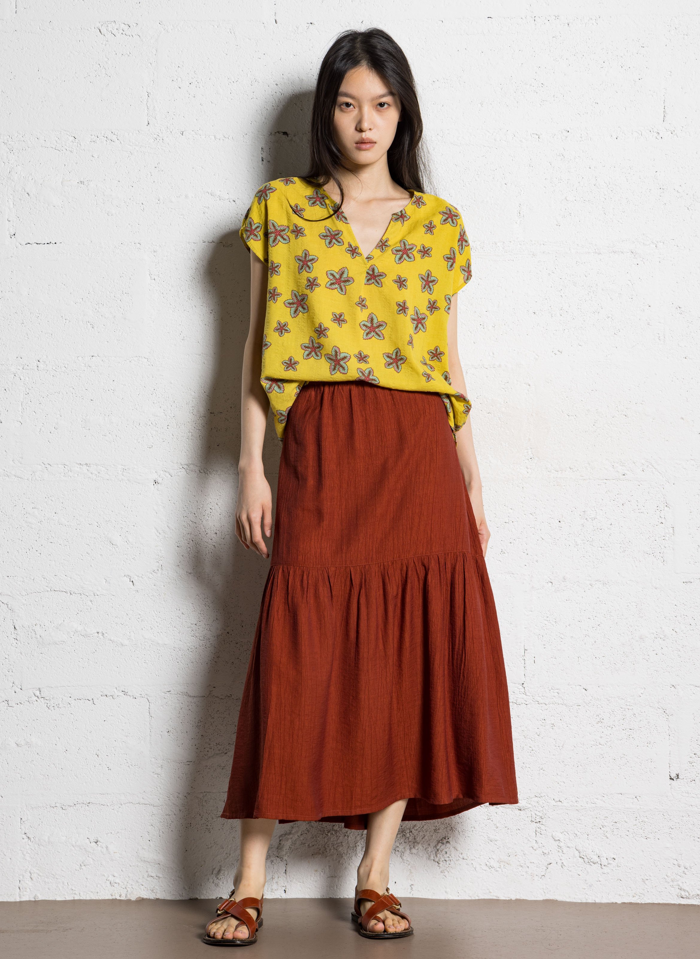 Top imprimé col tunisien en coton mélangé NICE THINGS Jaune