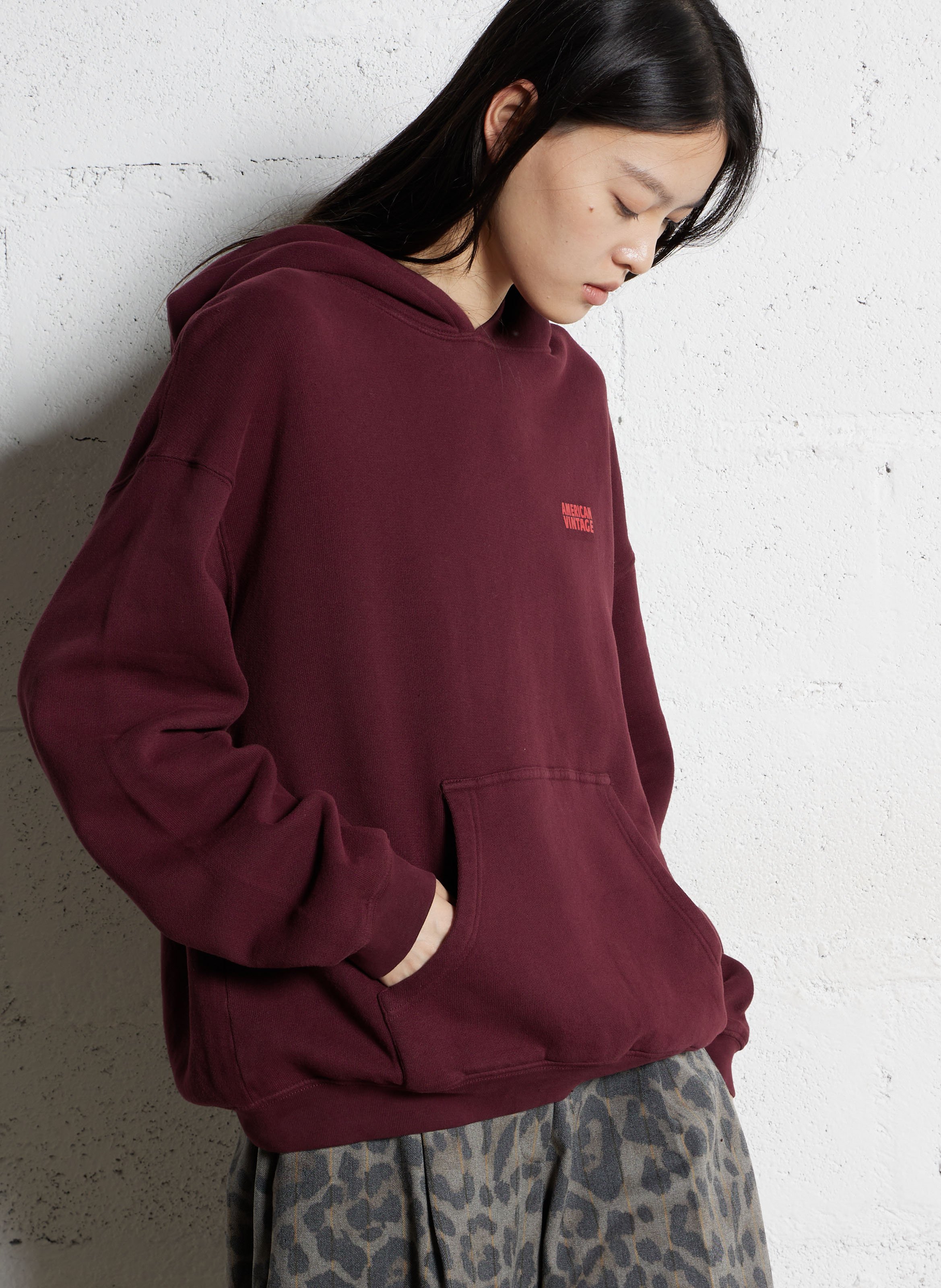 Sweat ample molletonné à capuche en coton AMERICAN VINTAGE Rouge