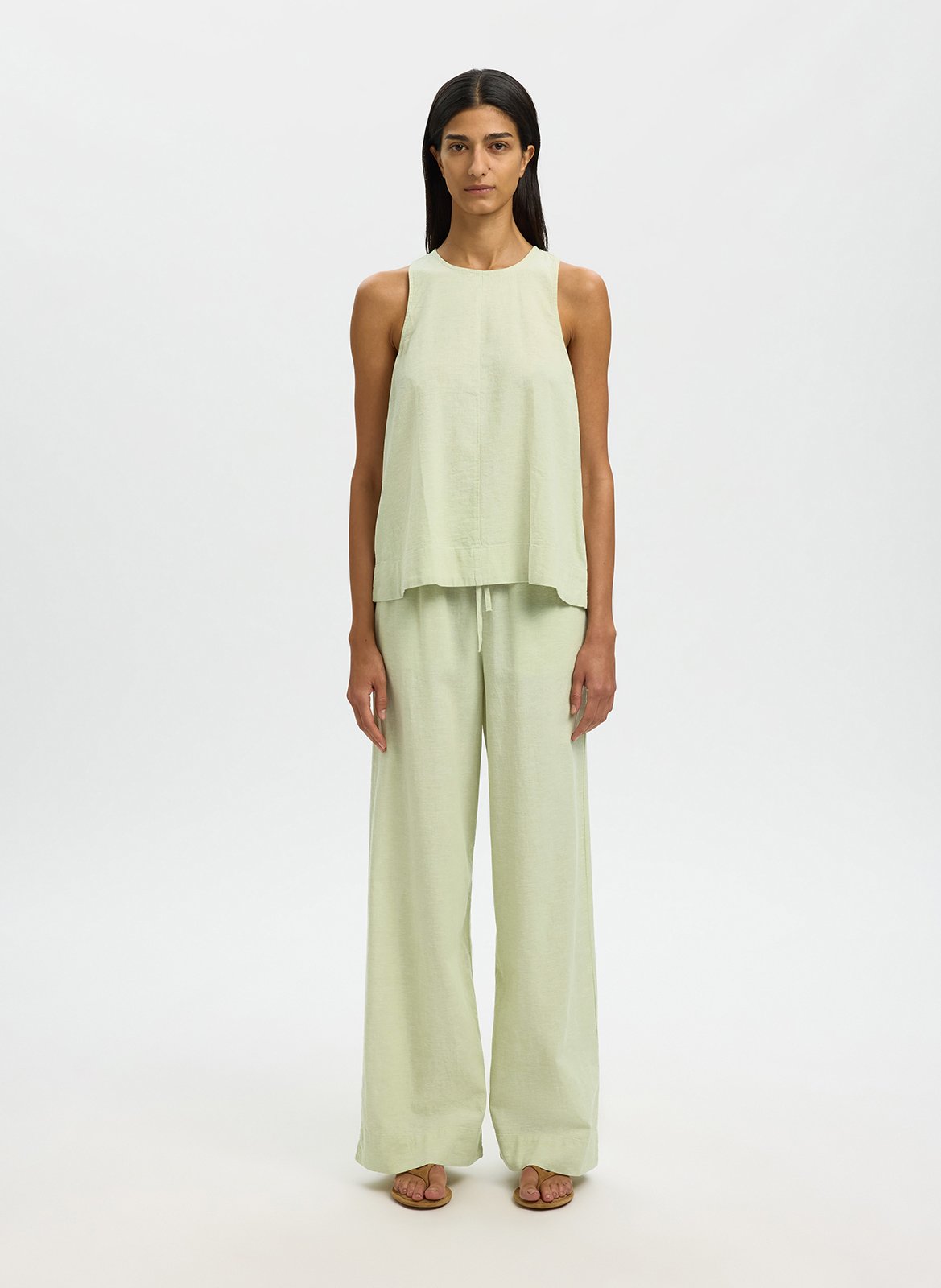 Round-neck top in blended linen and organic cotton SELECTED Green