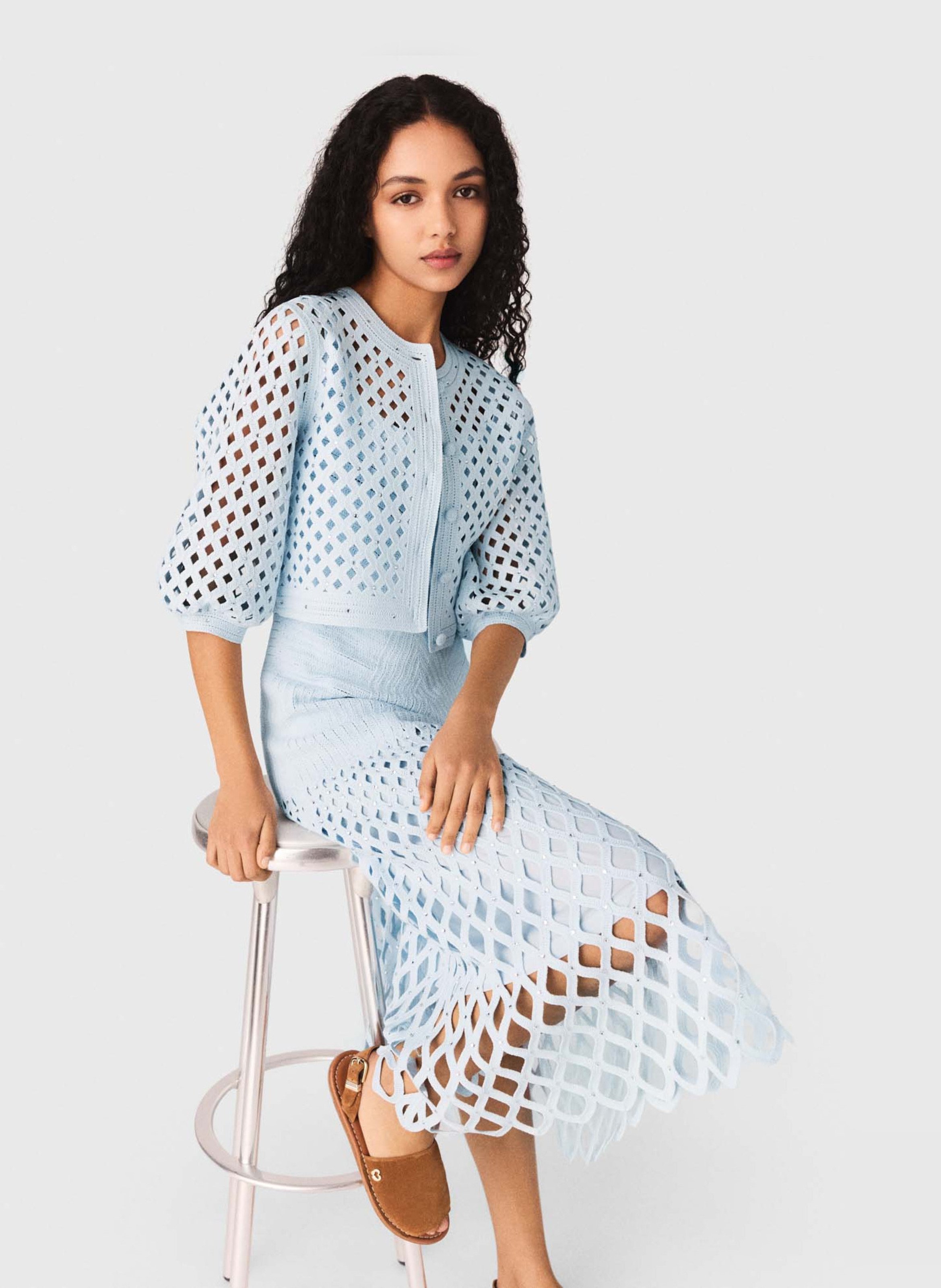 Gilet droit col rond en maille ajourée MAJE Bleu