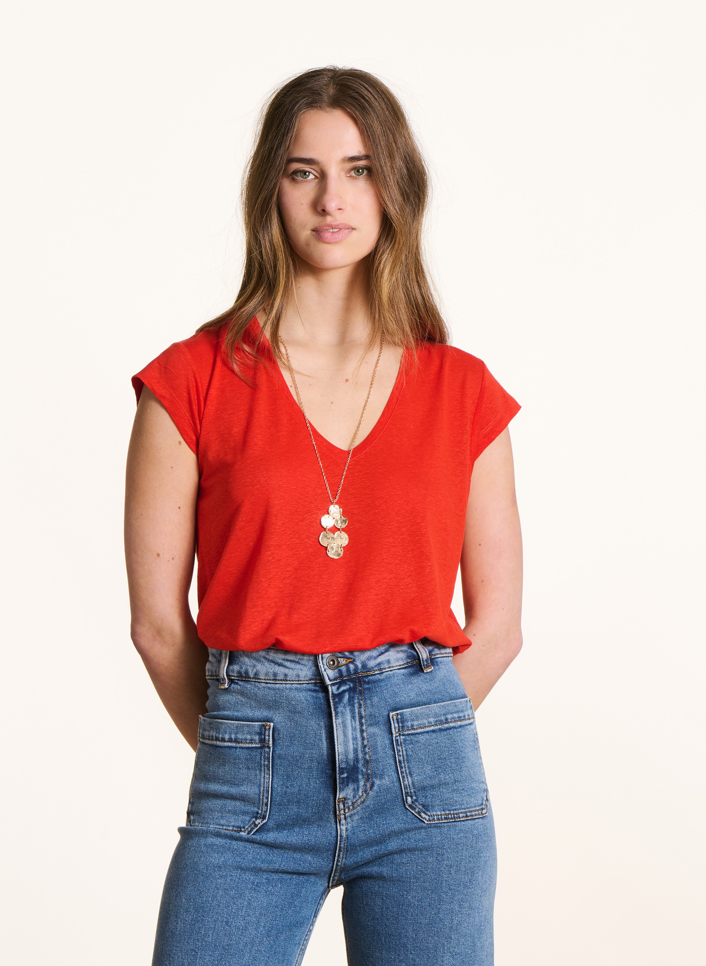 Gerader einfarbiger V-Ausschnitt T-Shirt LA FEE MARABOUTEE