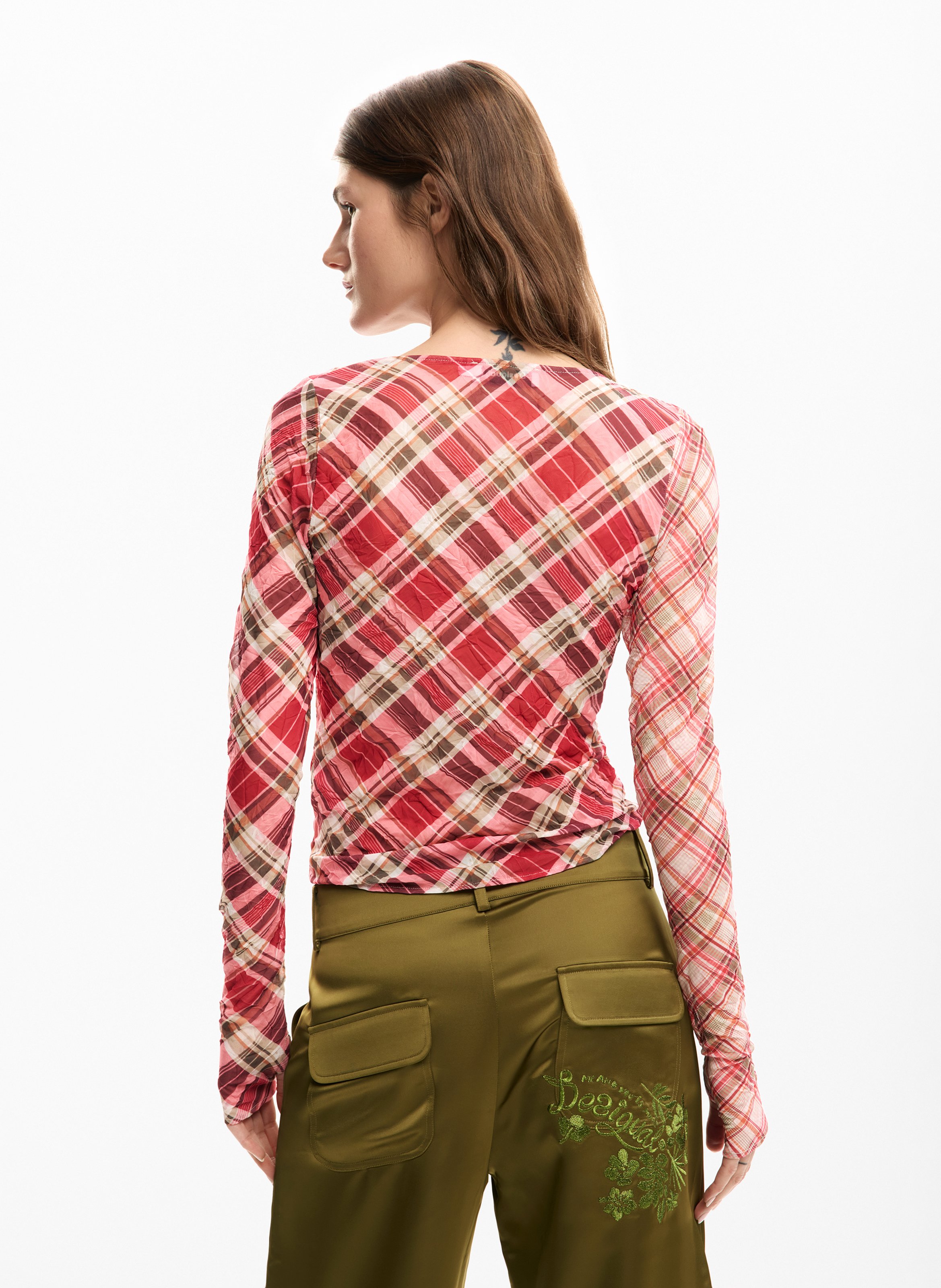 Top à carreaux décolleté v DESIGUAL Rouge