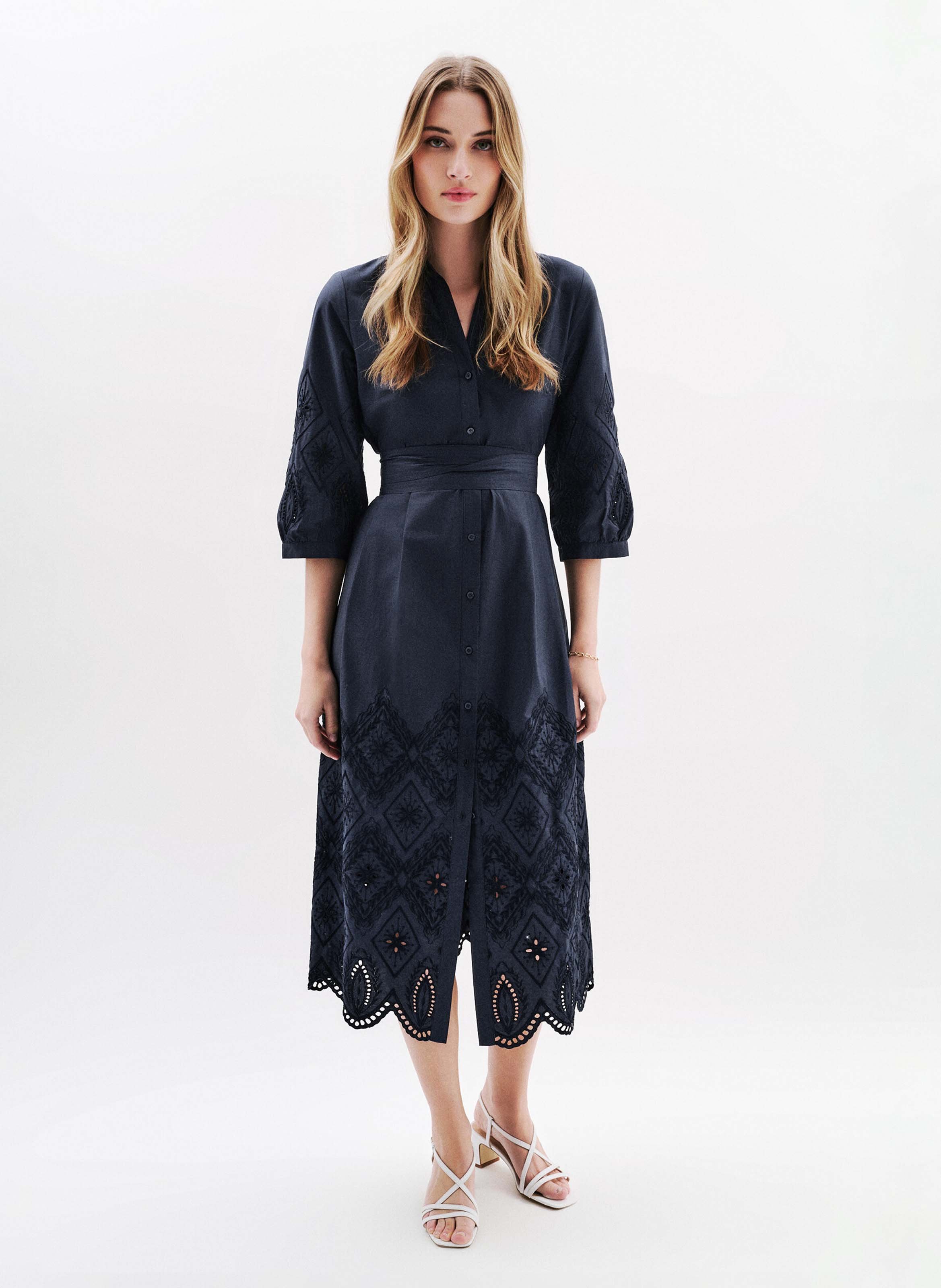 Long dress with classic collar in embroidered cotton CAROLL Blue