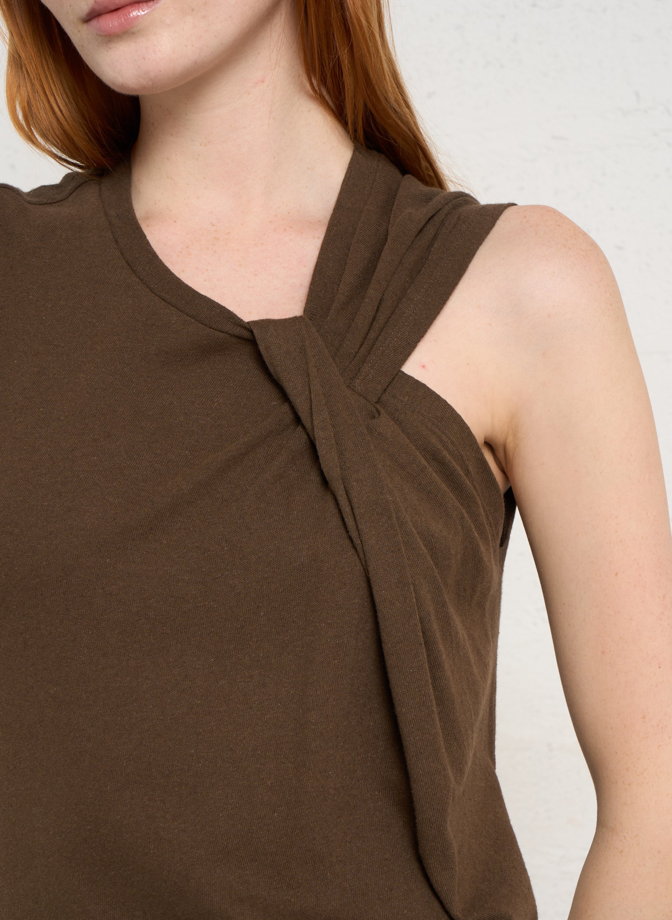 Long v-neck dress in blended cotton and linen MAJESTIC FILATURES Brown
