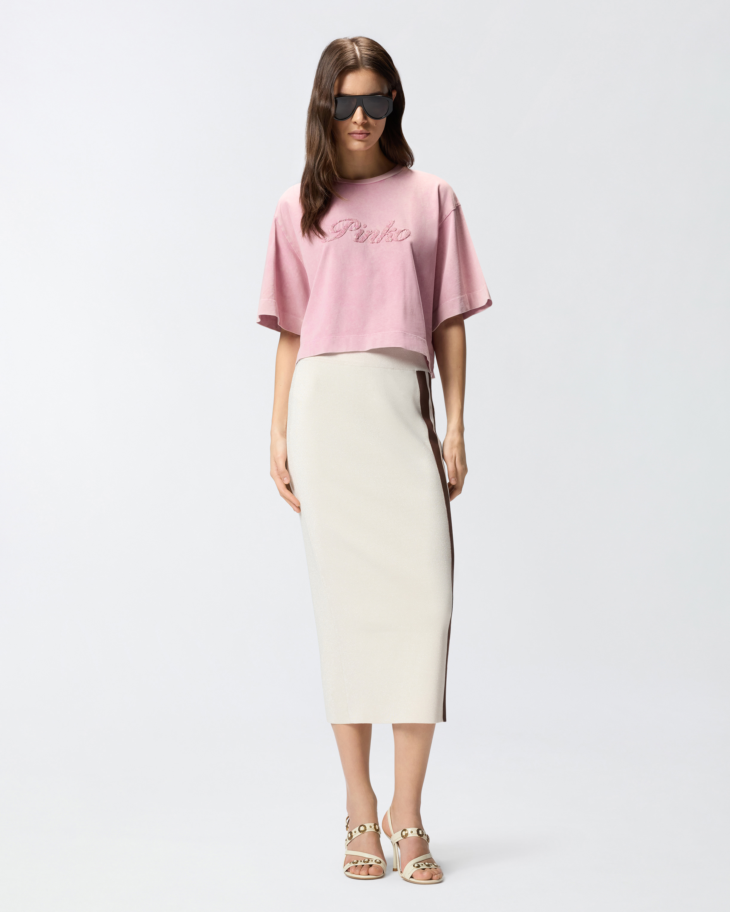 Distressed pinko cropped embroidered t-shirt PINKO Pink