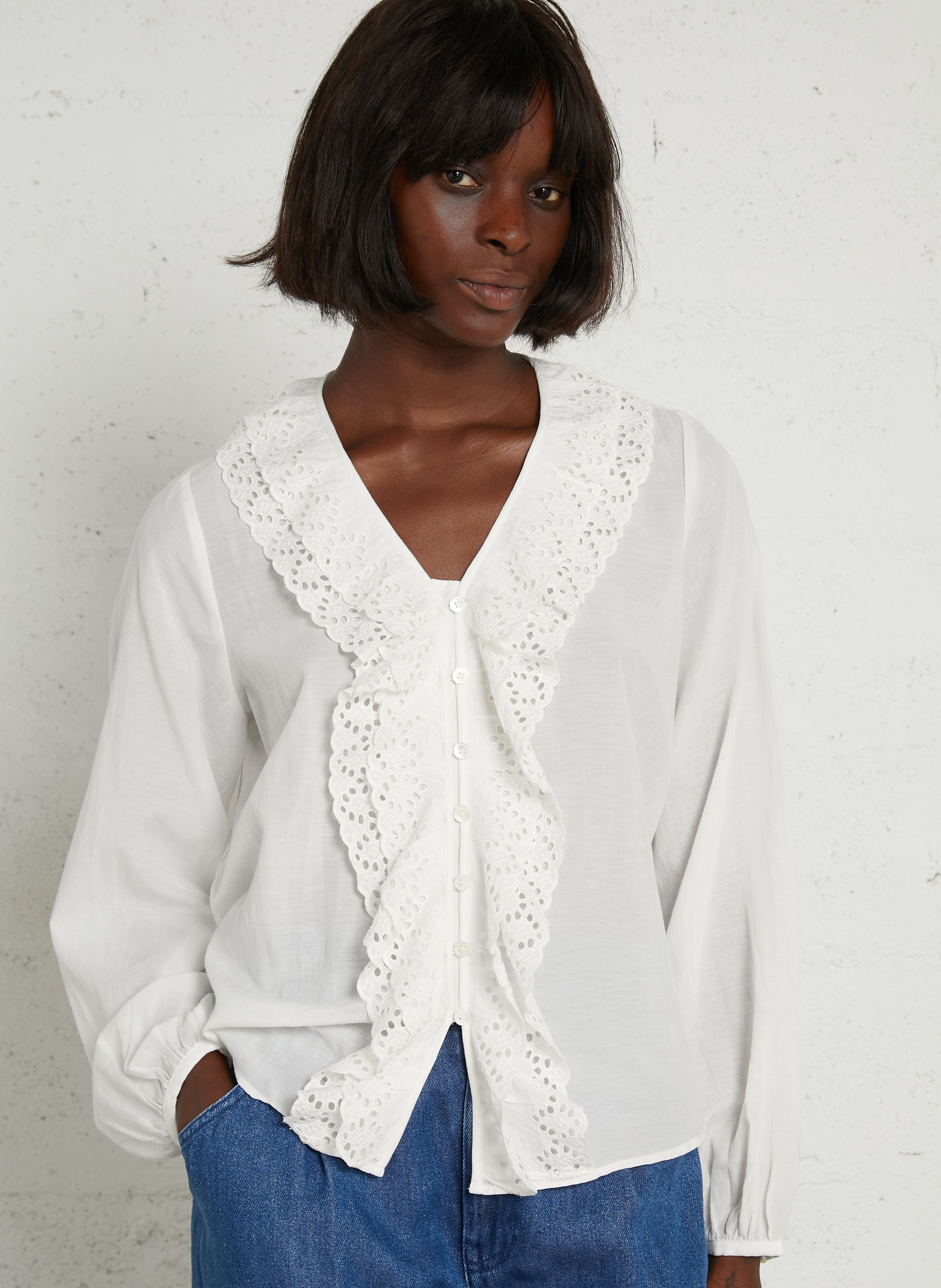 Blouse à encolure brodée en coton mélangé  DES PETITS HAUTS Beige
