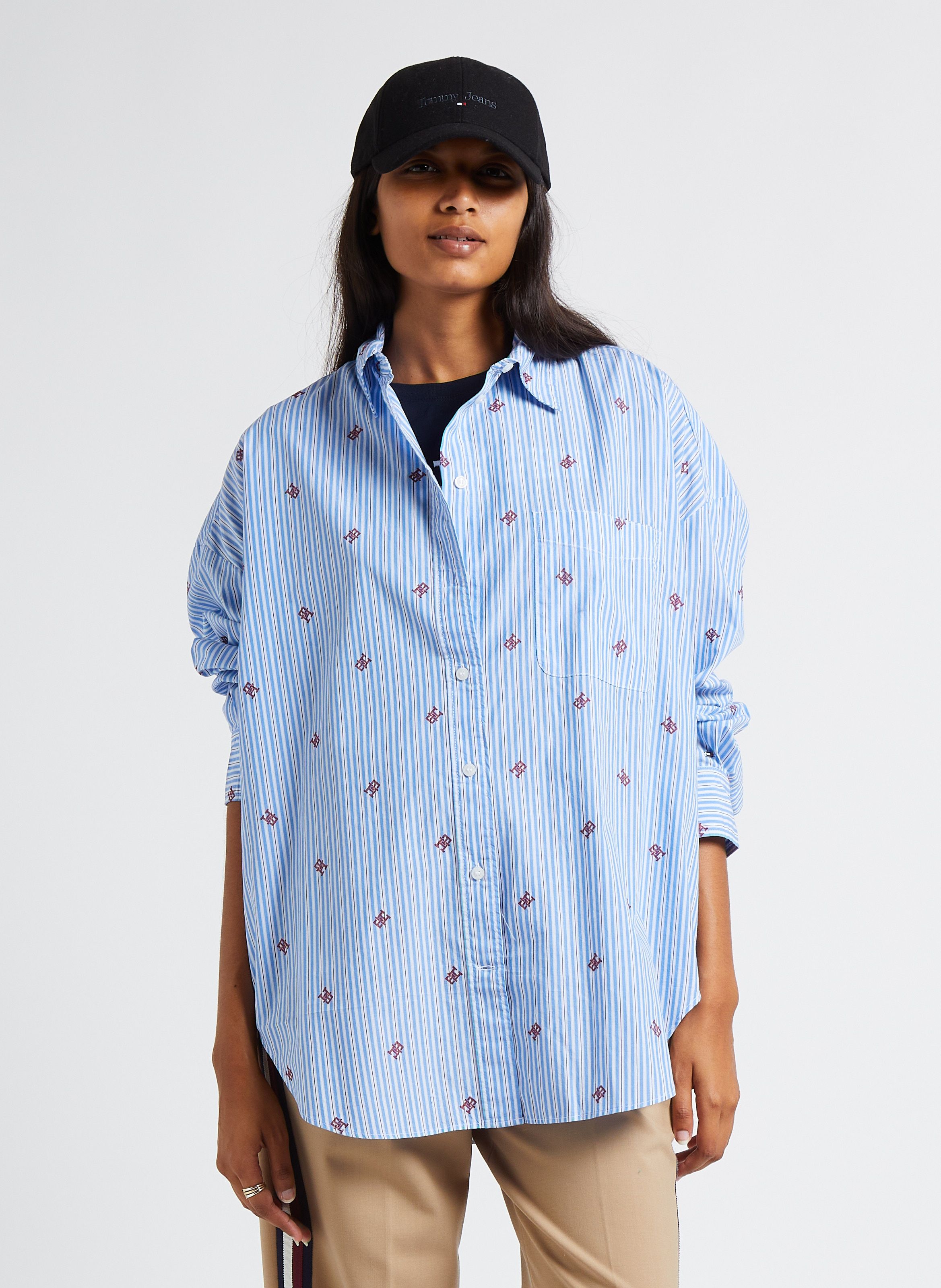 Tommy hilfiger women's blue hot sale and white striped shirt