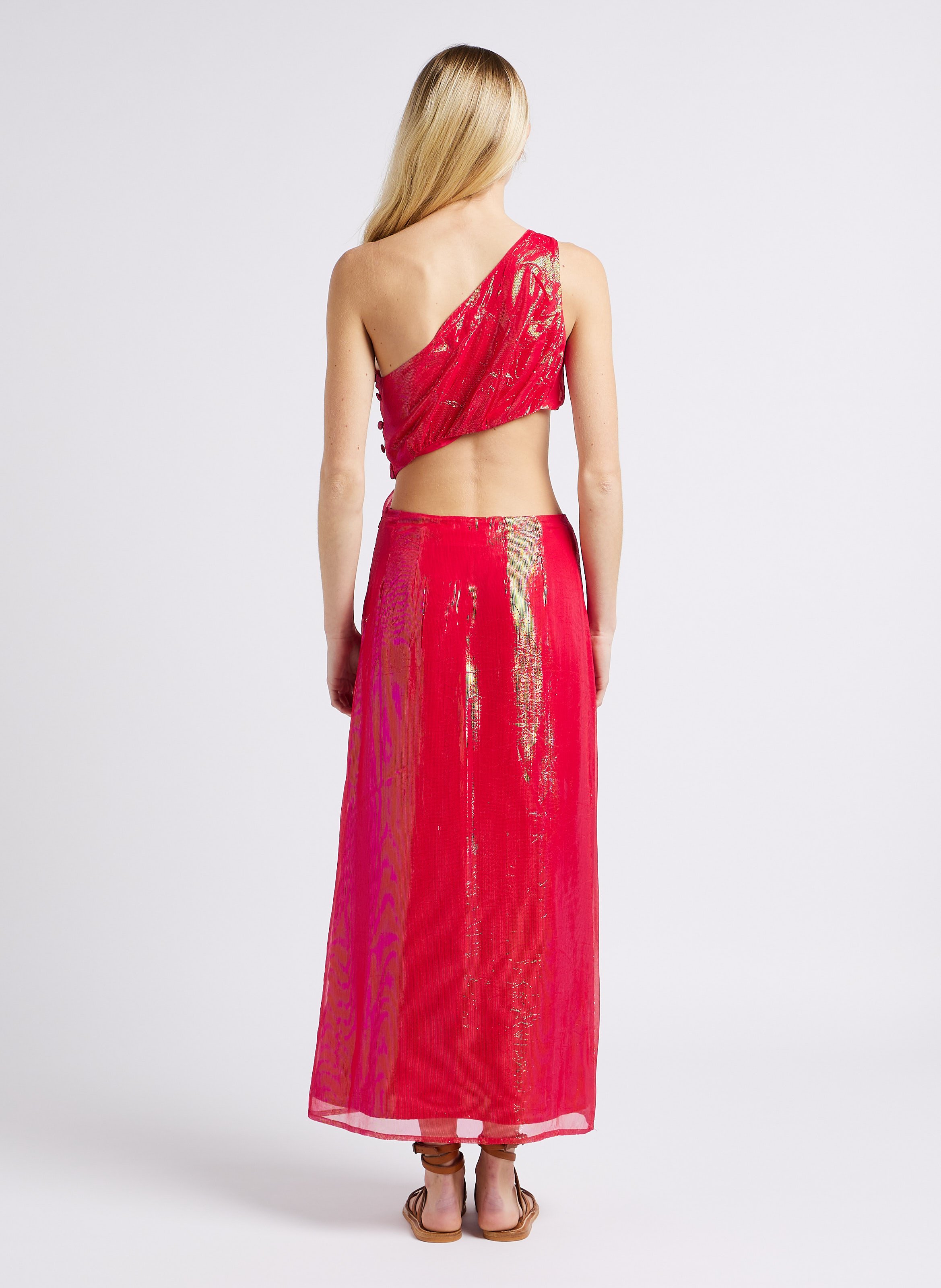 Long metallic asymmetric dress SUNDRESS Red
