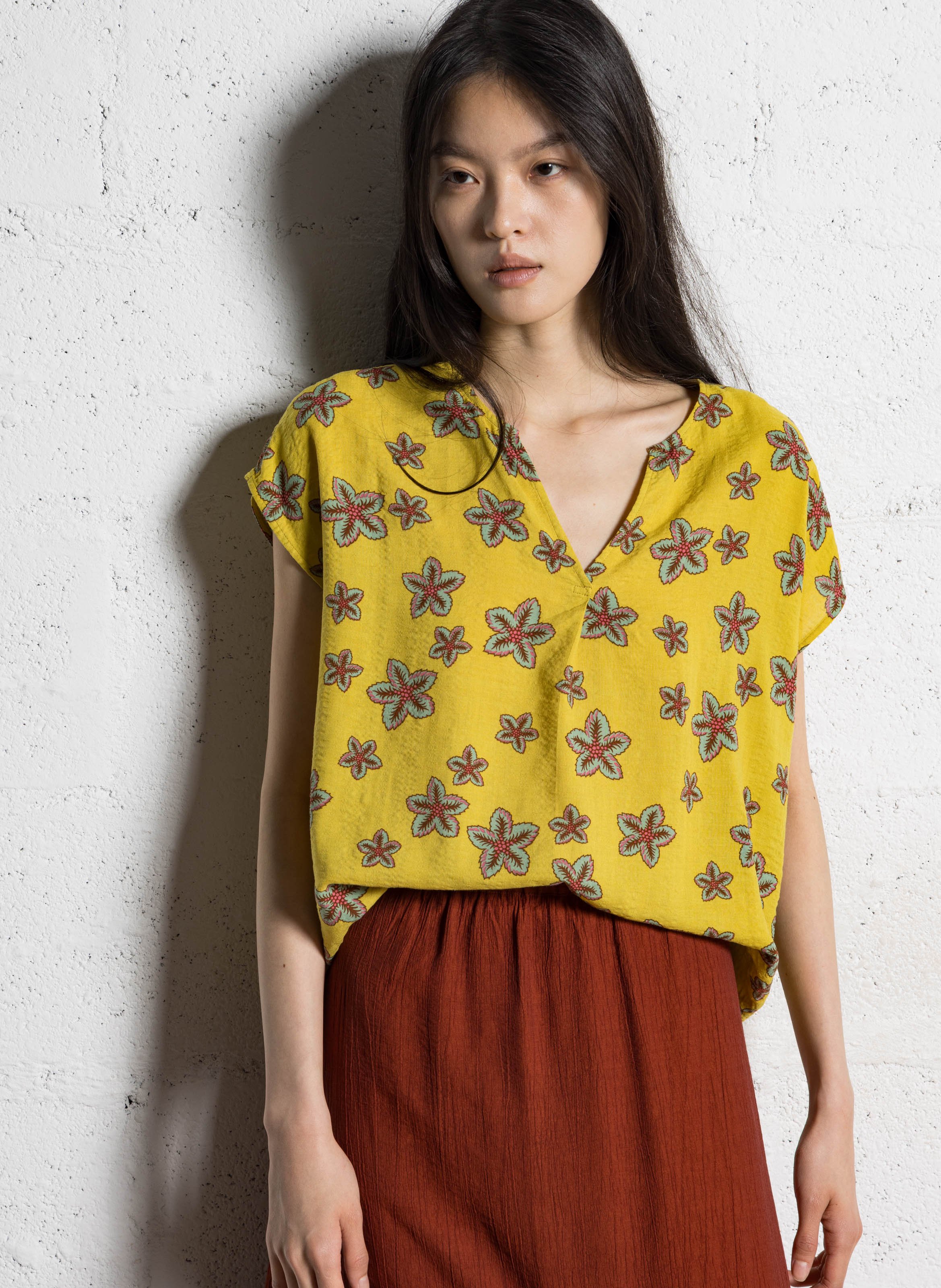 Top imprimé col tunisien en coton mélangé NICE THINGS Jaune