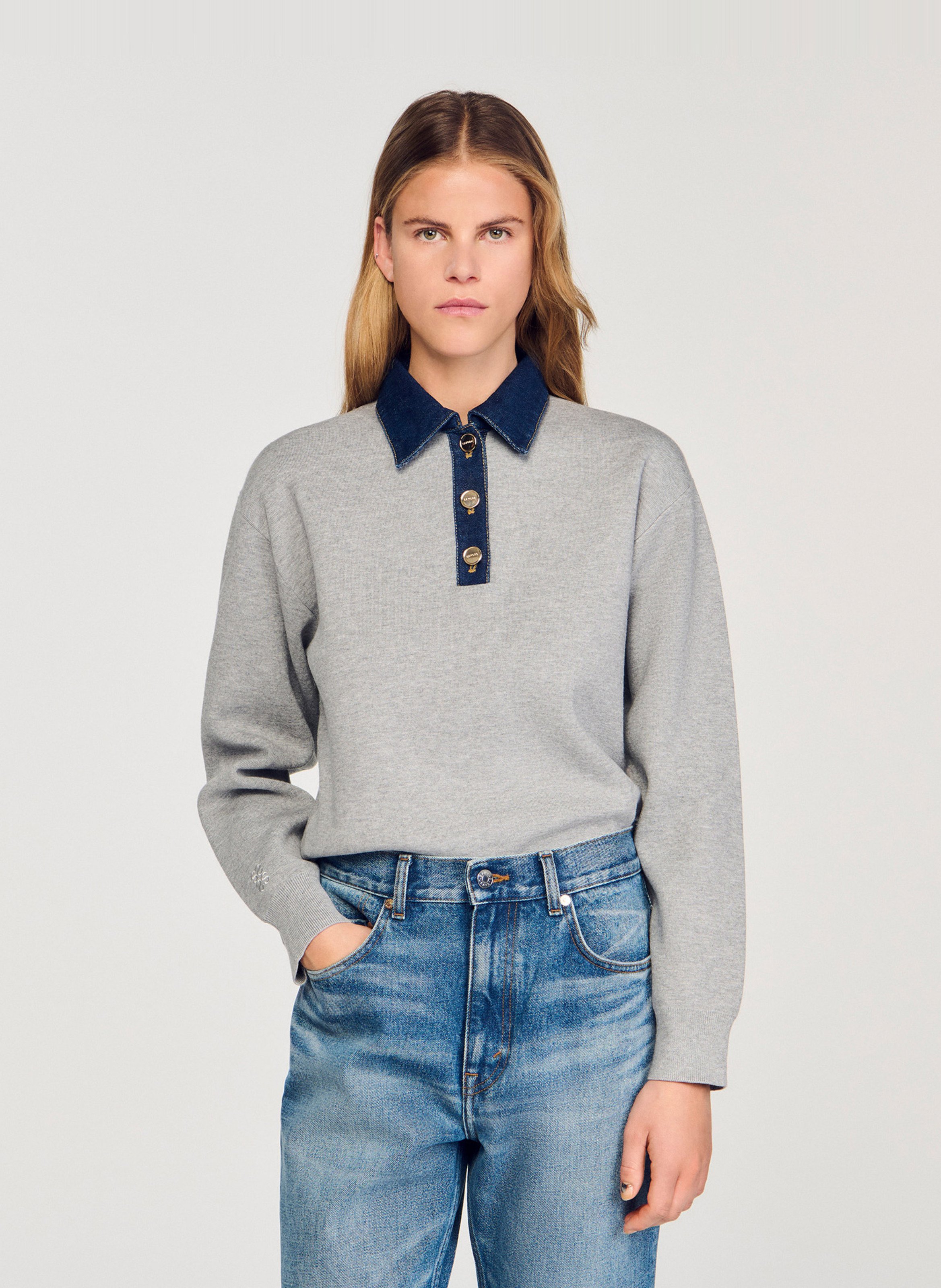 Pull ample à col en jean SANDRO Gris