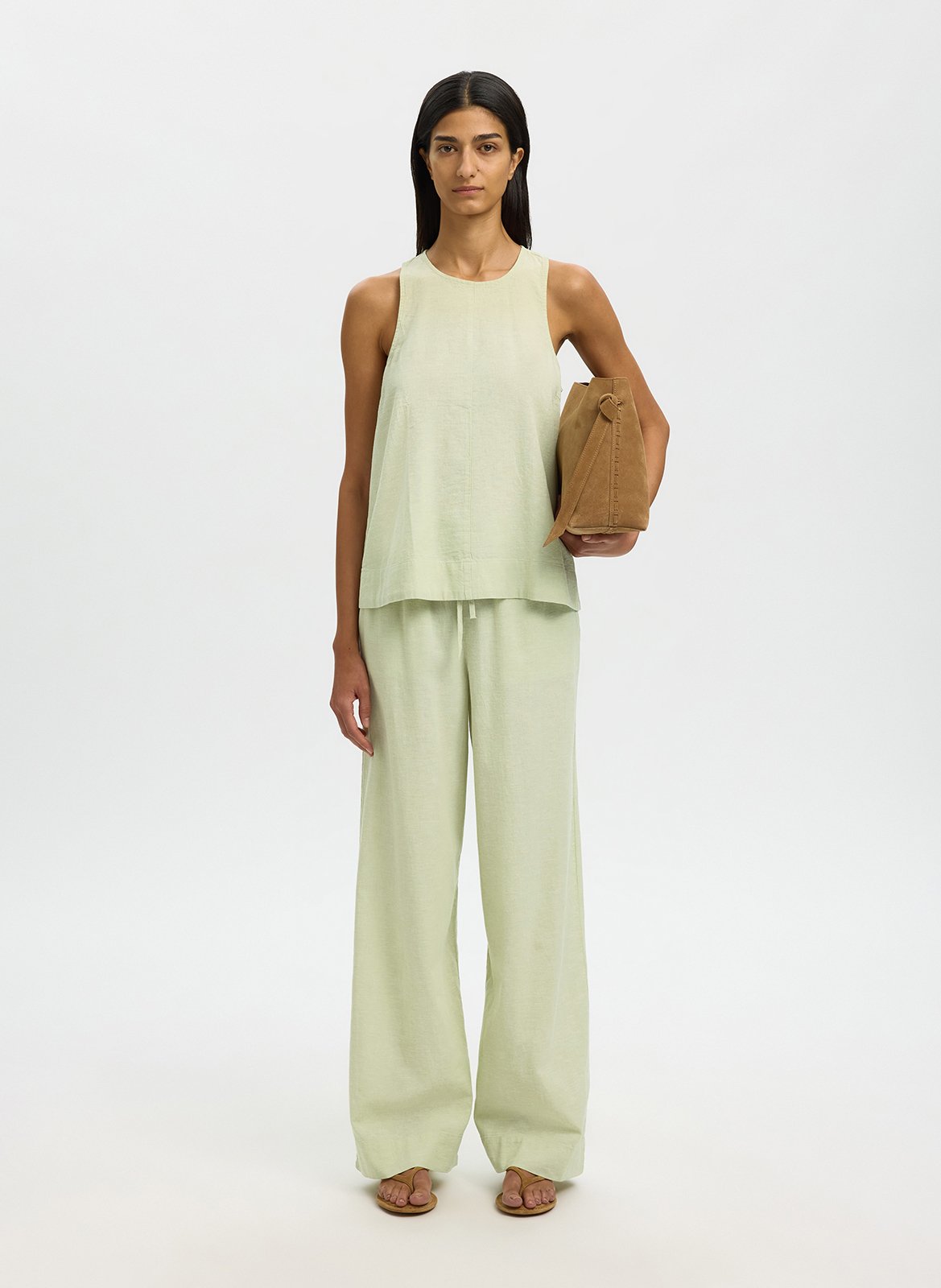Round-neck top in blended linen and organic cotton SELECTED Green