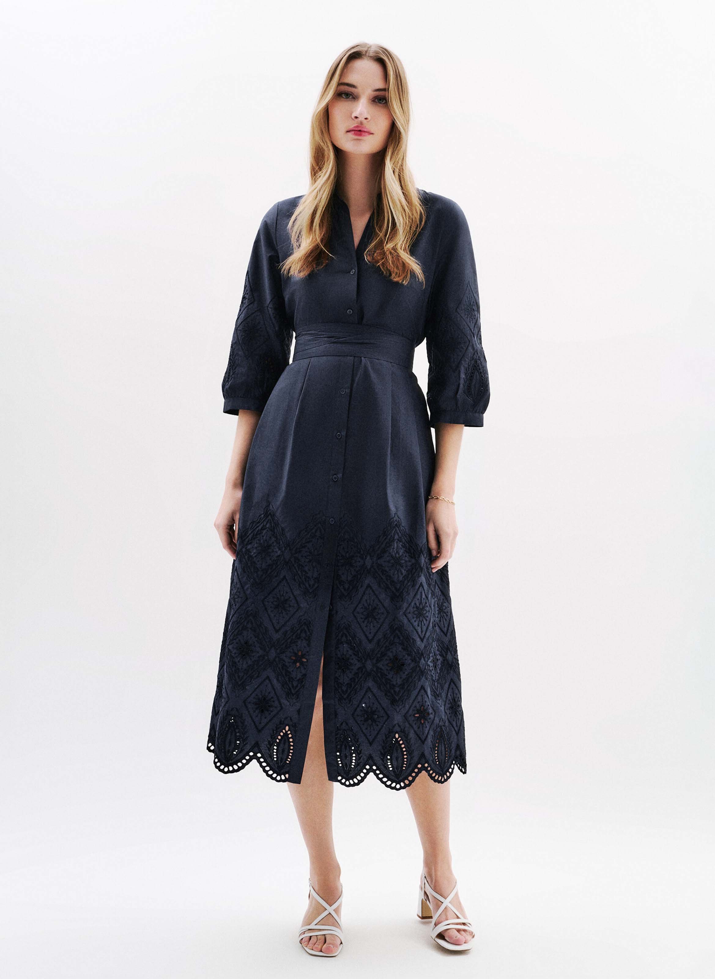 Long dress with classic collar in embroidered cotton CAROLL Blue