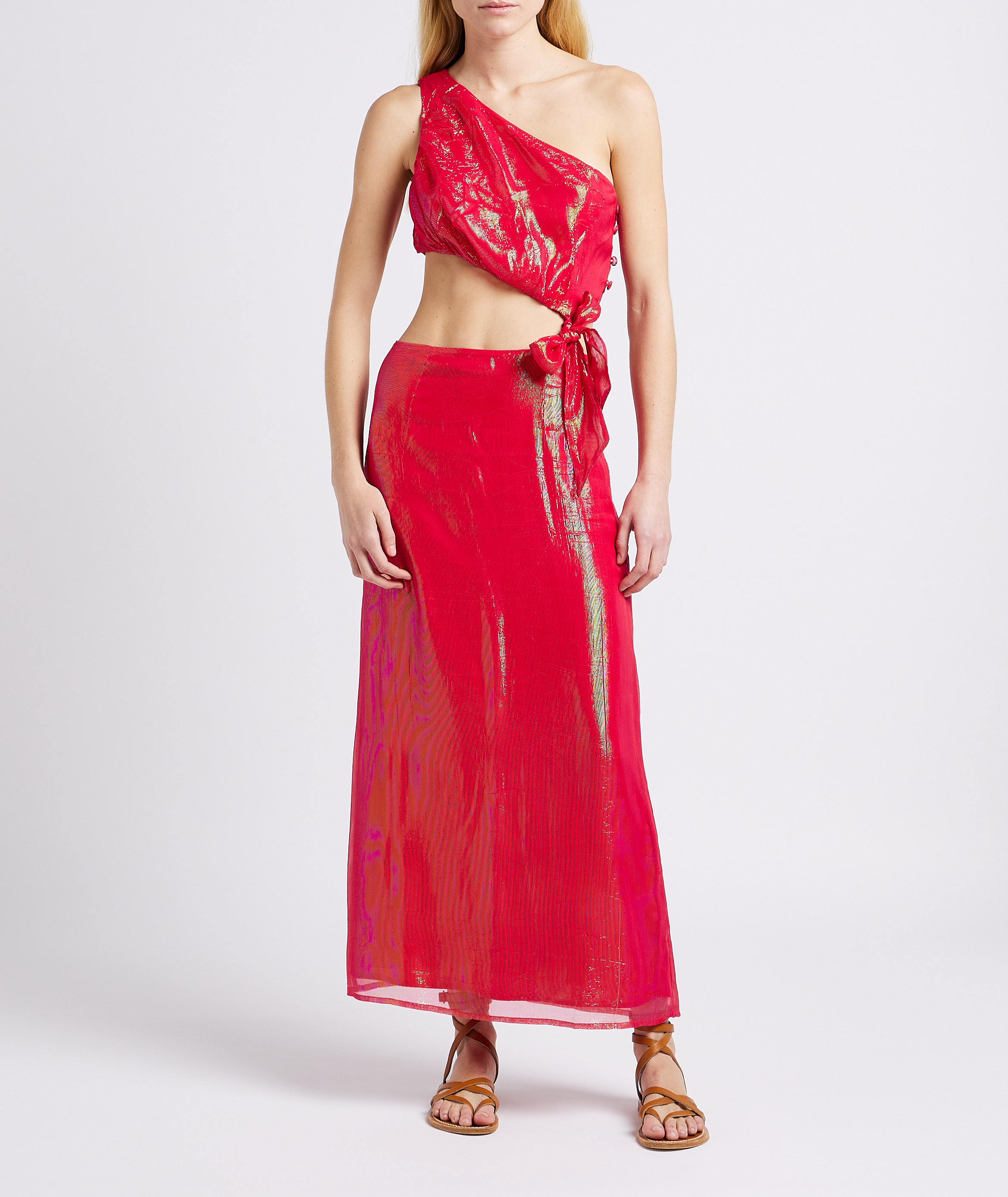 Long metallic asymmetric dress SUNDRESS Red