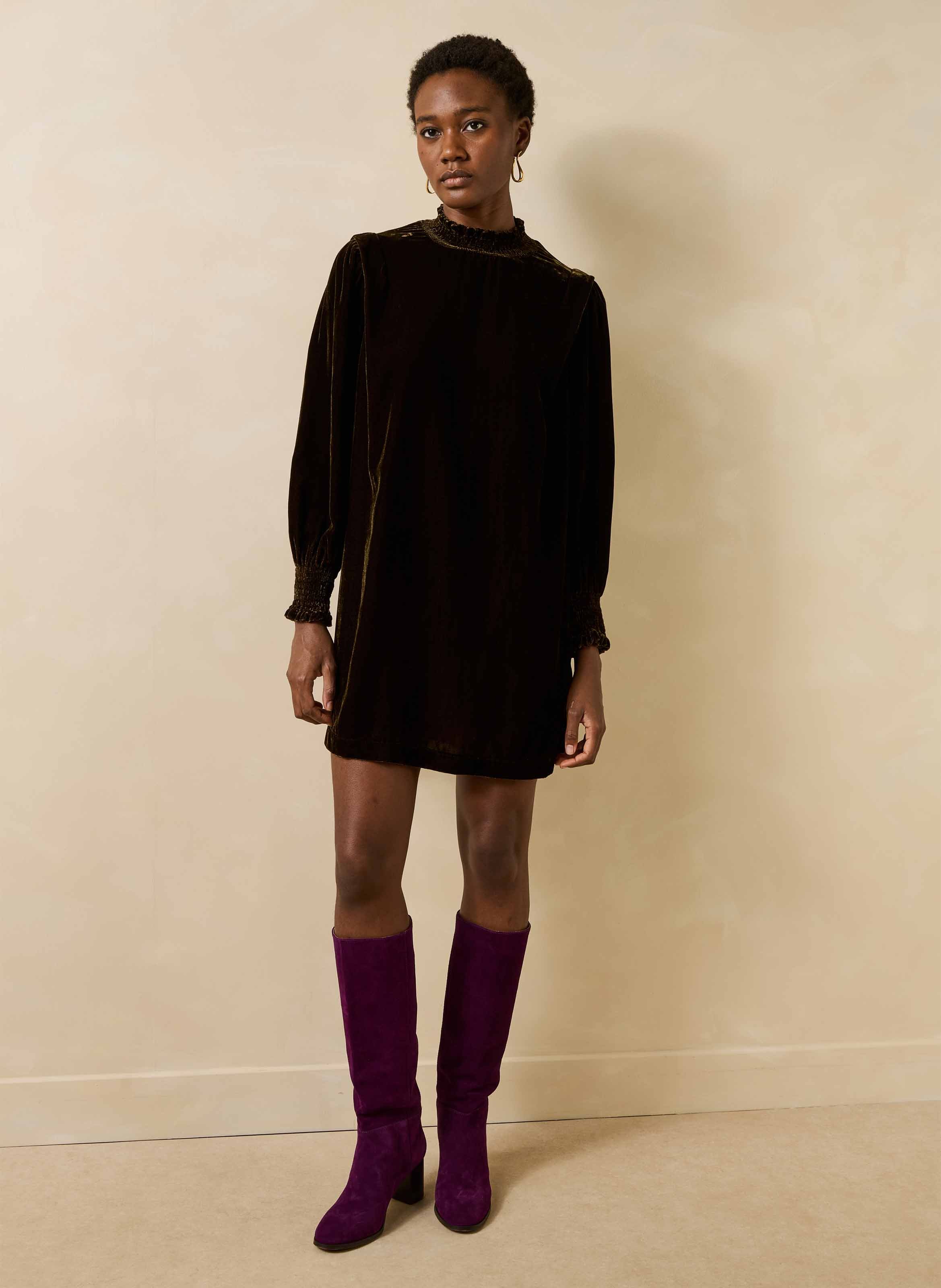 Loose-Fitting Short Velvet Dress LA FEE MARABOUTEE Brown