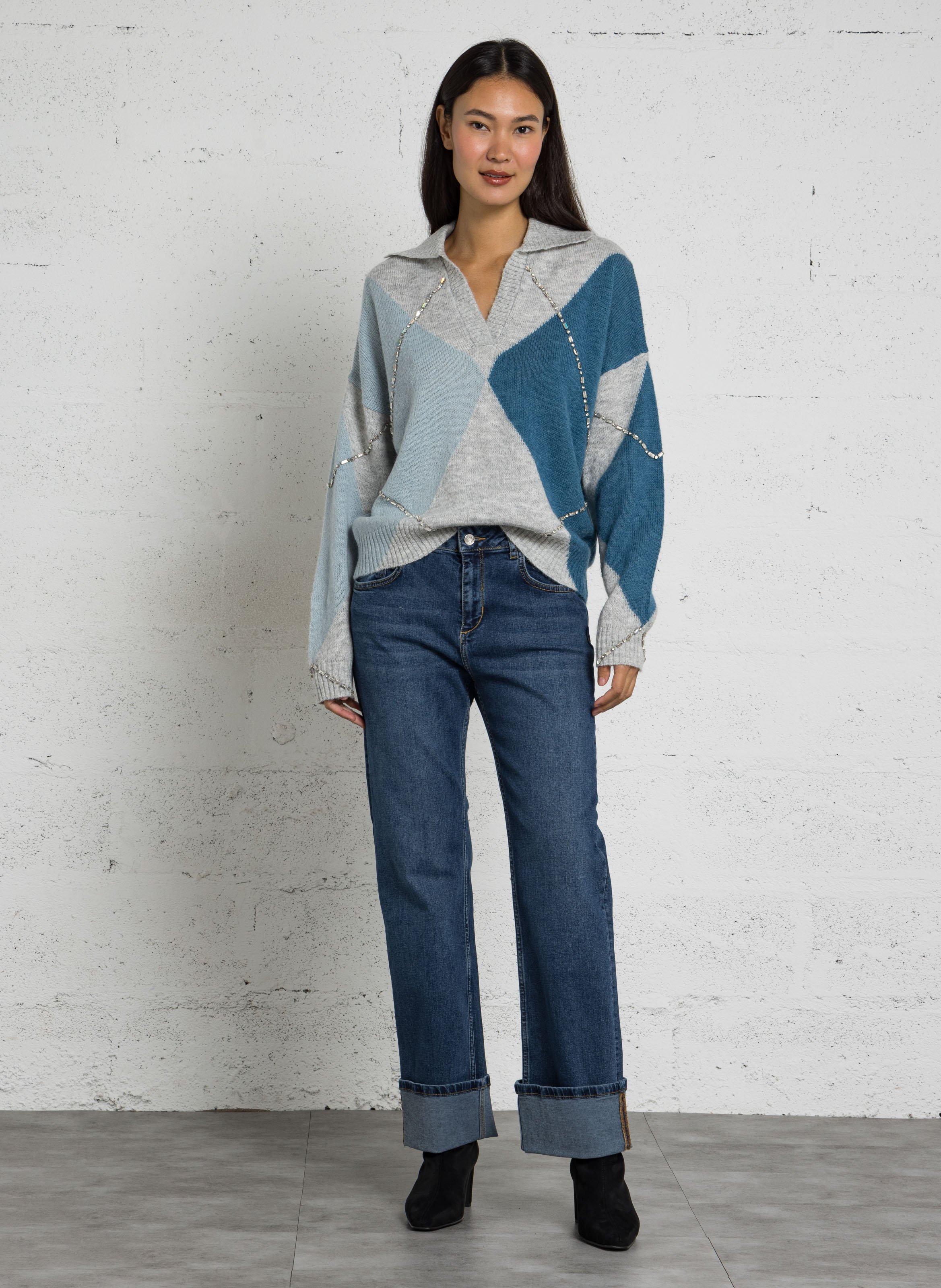 Pull col polo ornée de strass LIU JO Bleu