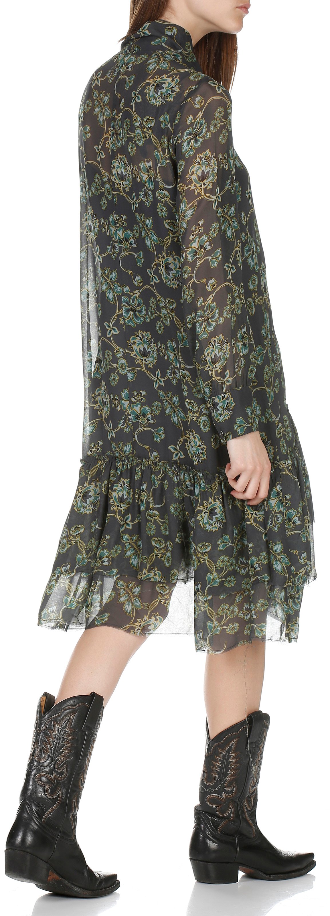 Fluid printed long-sleeved dress with pussy-bow collar  ATTIC AND BARN Blue