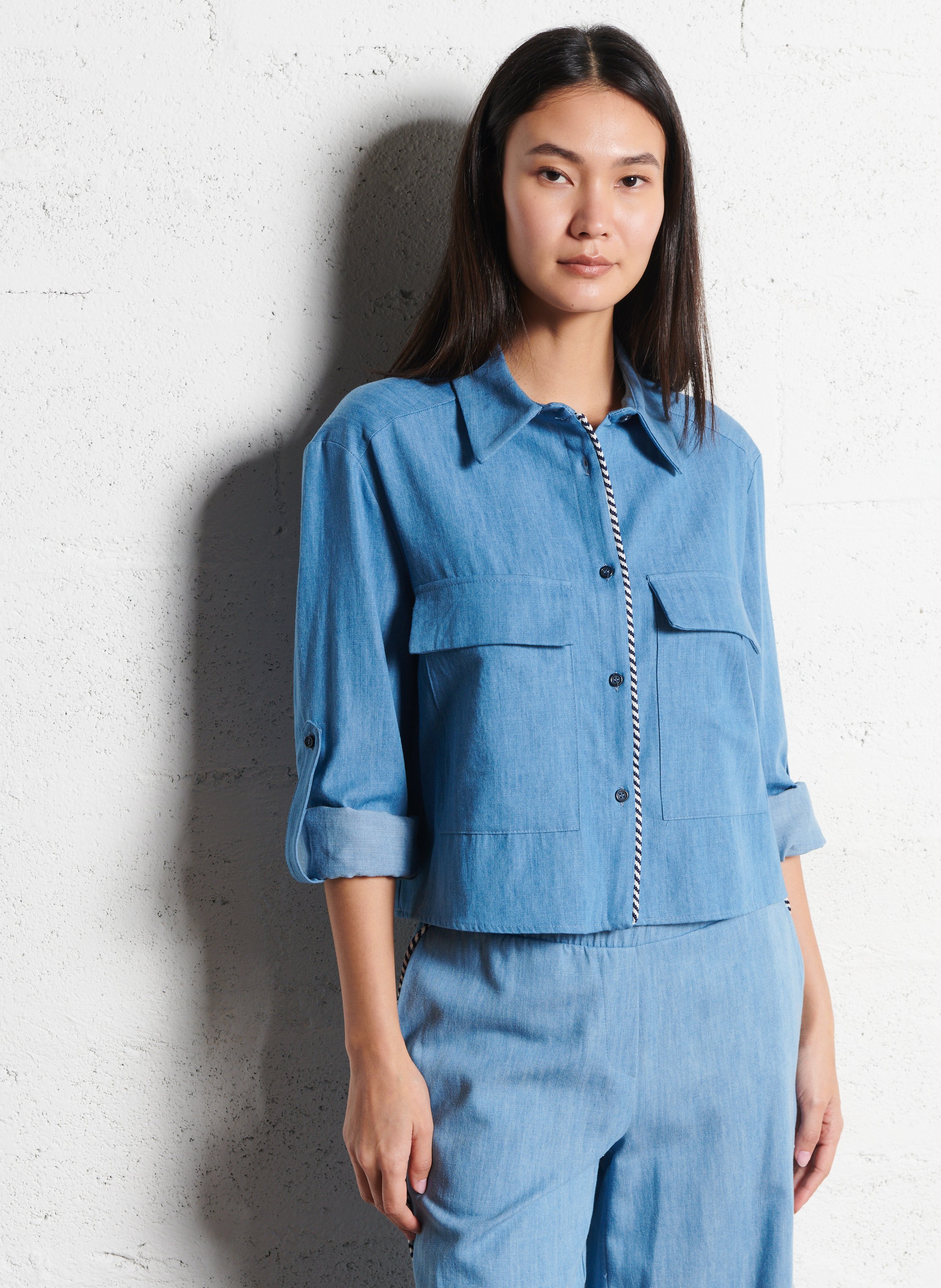Cotton and linen shirt with classic collar PLEASE Blue