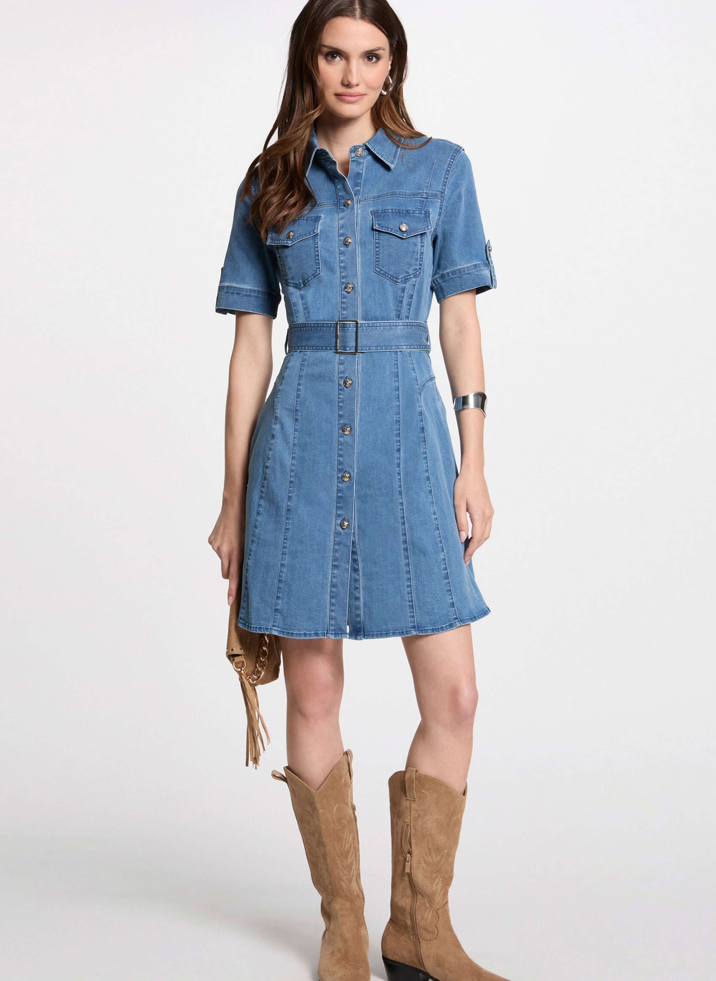 Short fitted cotton-blend dress with classic collar MORGAN Blue