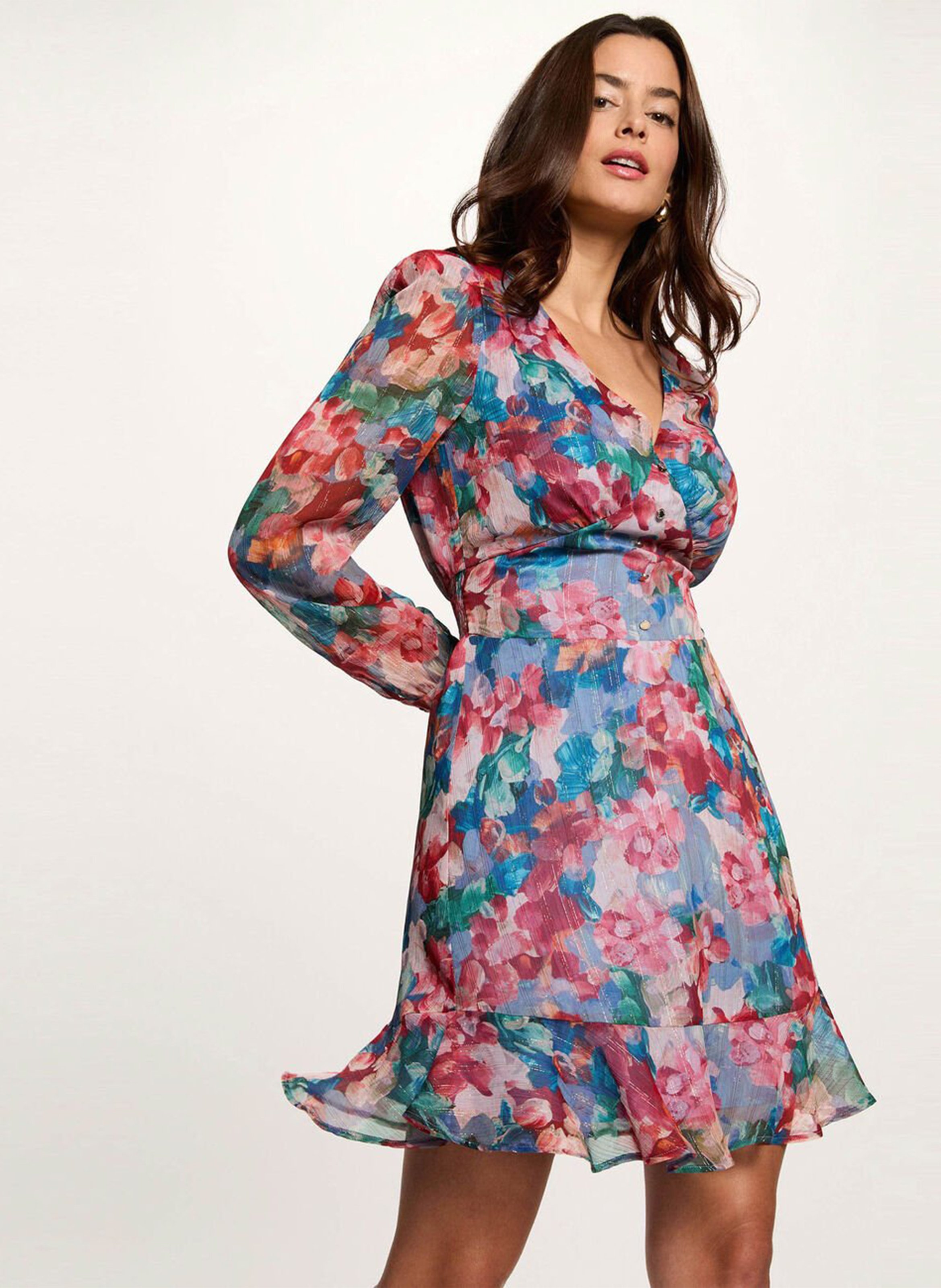 Robe courte col V à motif floral MORGAN Multicolore
