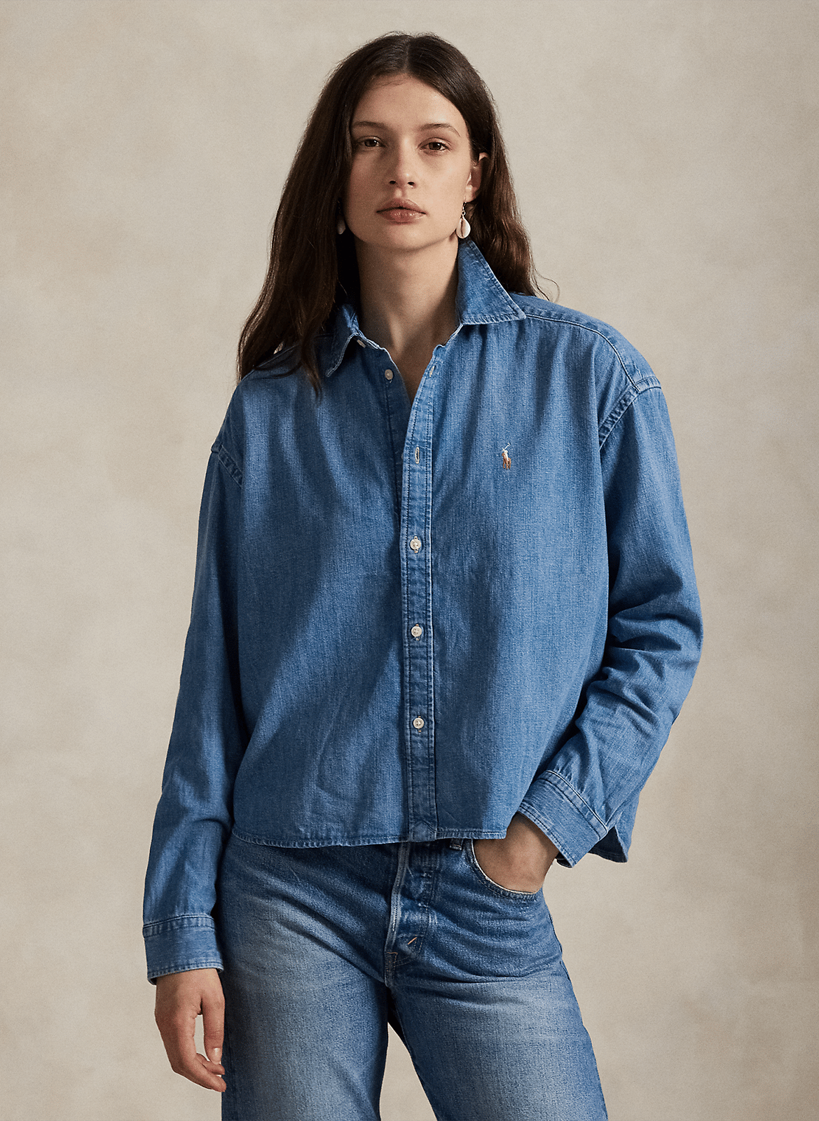 Chemise col classique manches contrastantes en coton POLO RALPH LAUREN Blue