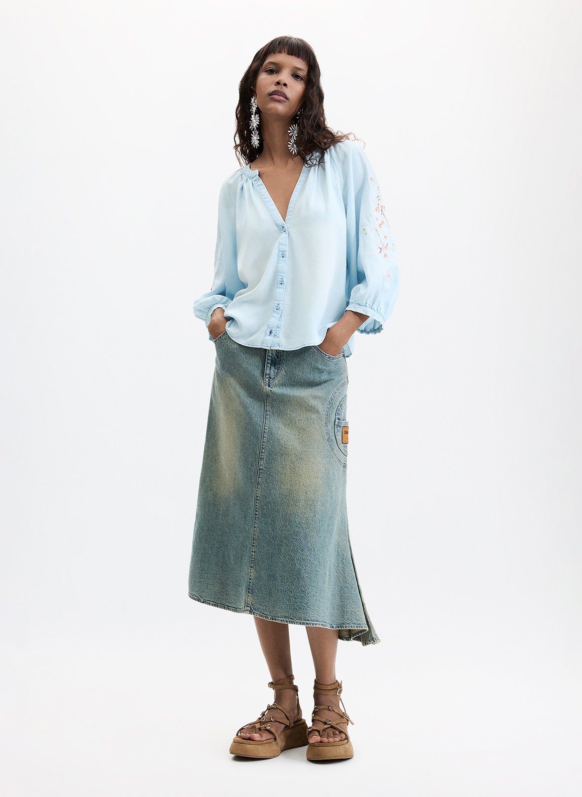 Fluid satin V-neck top DESIGUAL Blue