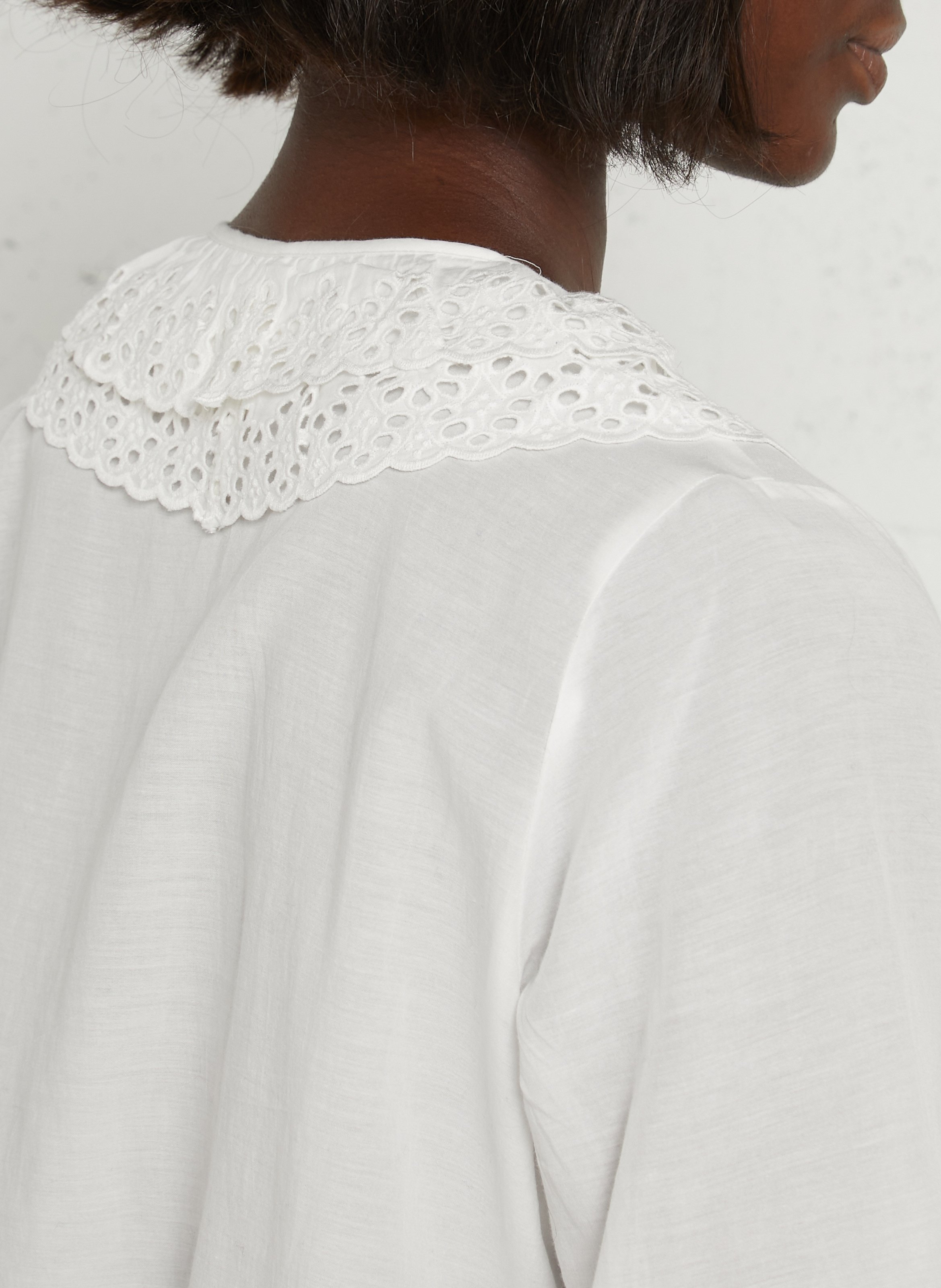 Blouse à encolure brodée en coton mélangé  DES PETITS HAUTS Beige