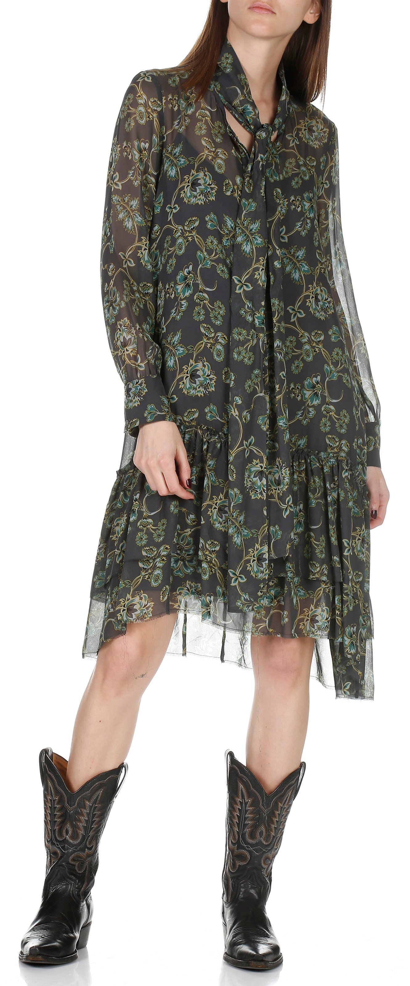 Fluid printed long-sleeved dress with pussy-bow collar  ATTIC AND BARN Blue
