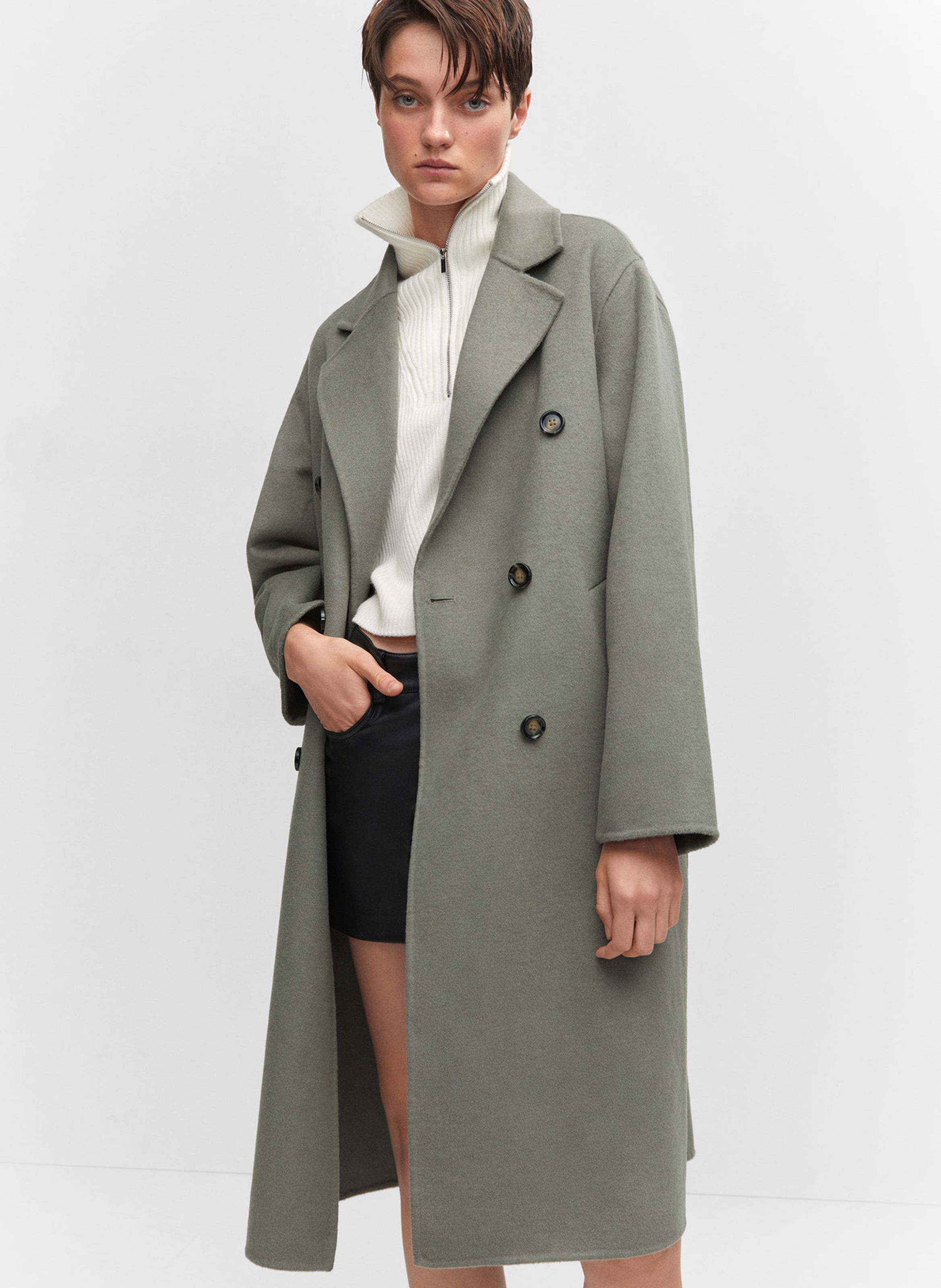 Long Wool Coat With Tailored Collar Beige Kaki Mango Women