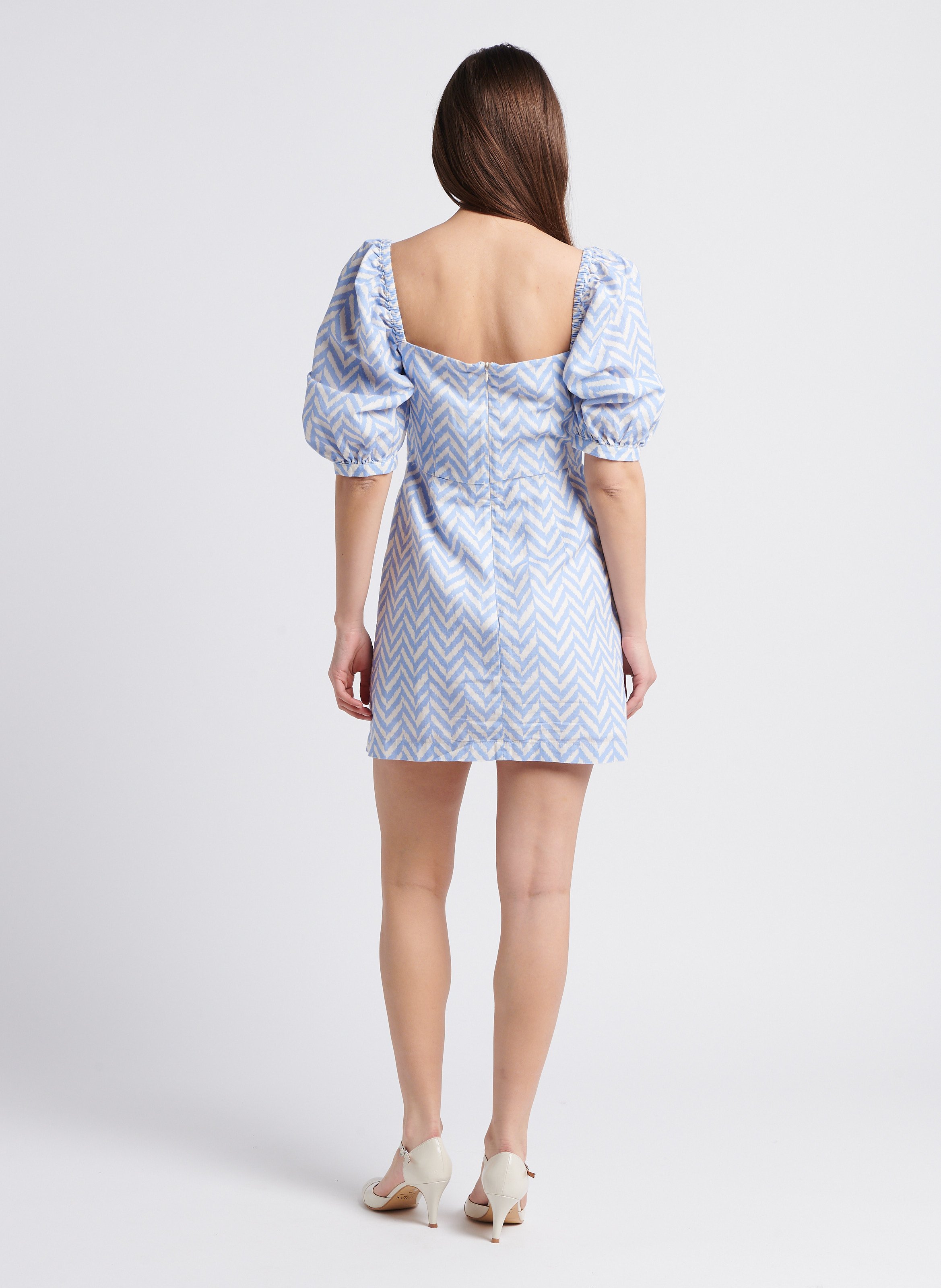 Square-neck printed cotton-blend short dress THE NEW SOCIETY Blue