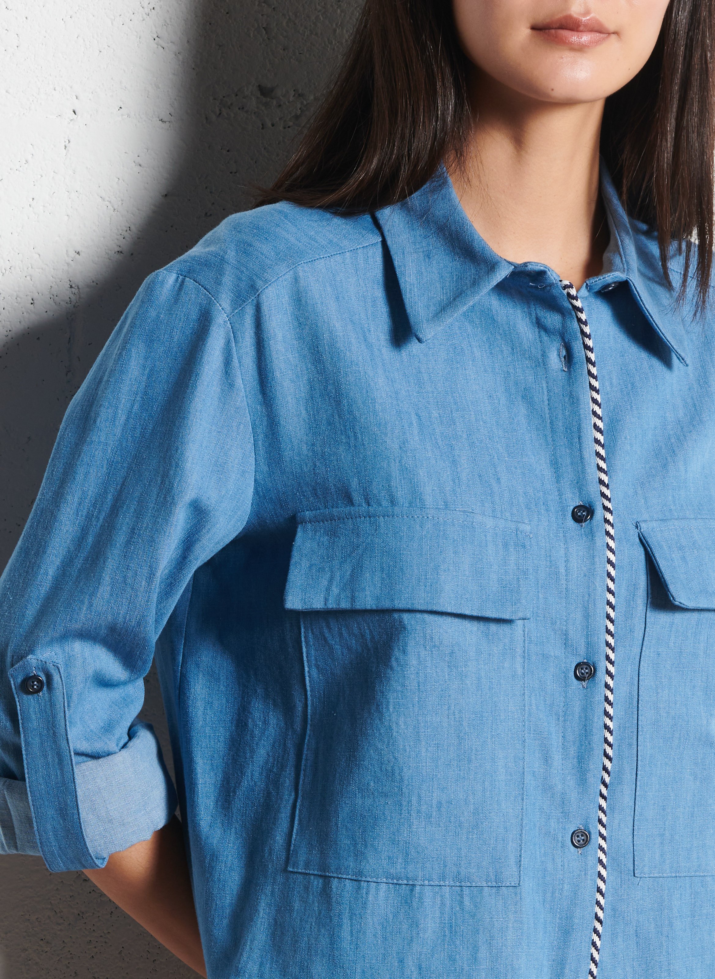 Cotton and linen shirt with classic collar PLEASE Blue