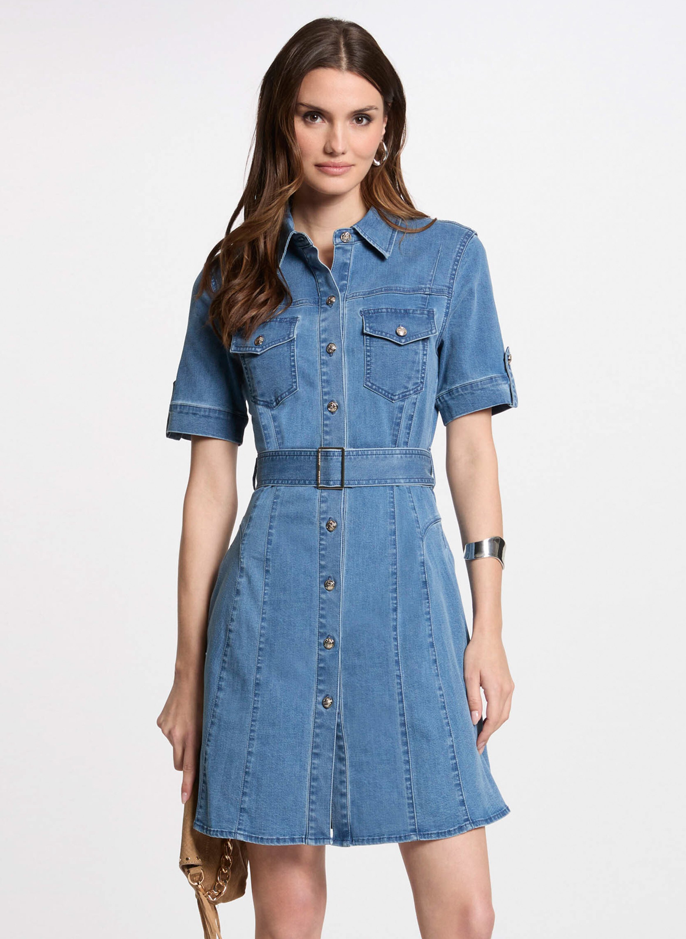 Short fitted cotton-blend dress with classic collar MORGAN Blue