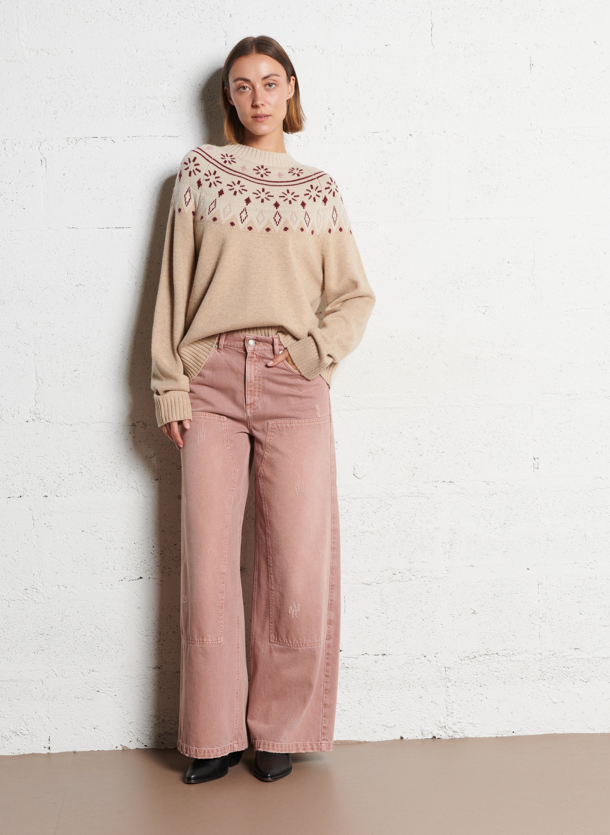 Straight knit sweater with printed pattern IKKS Beige