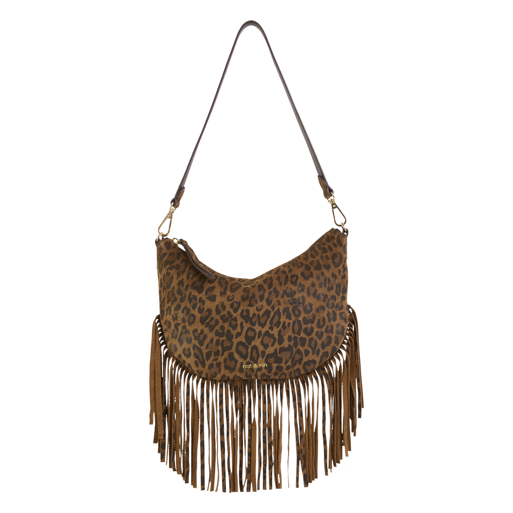 Sac bandoulière à franges en cuir NAT & NIN Marron