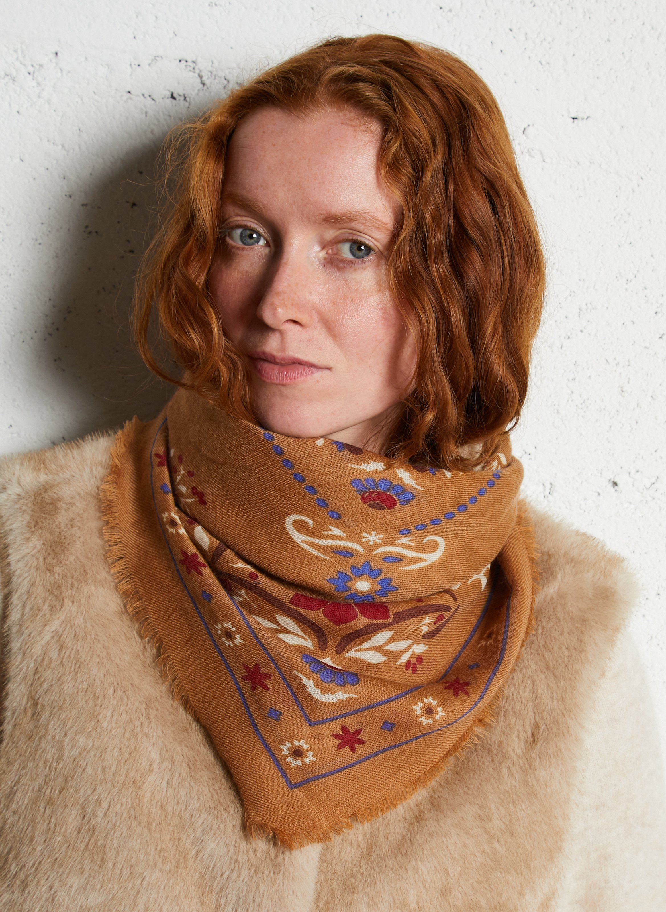 Haddock wool and silk printed scarf MAISON LECOMTE FLAMENT Brown