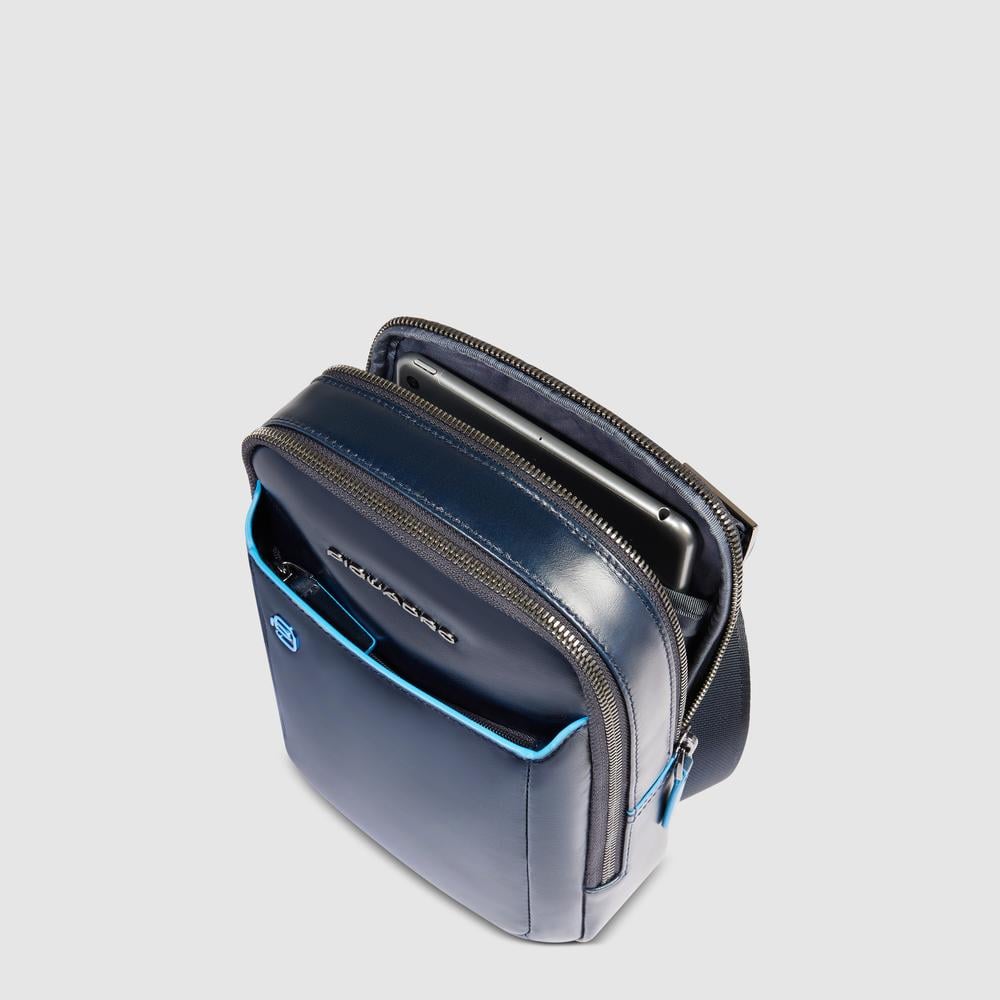 Men's leather shoulder bag for iPad® mini with pocket for AirPods® and RFID protection PIQUADRO Blue