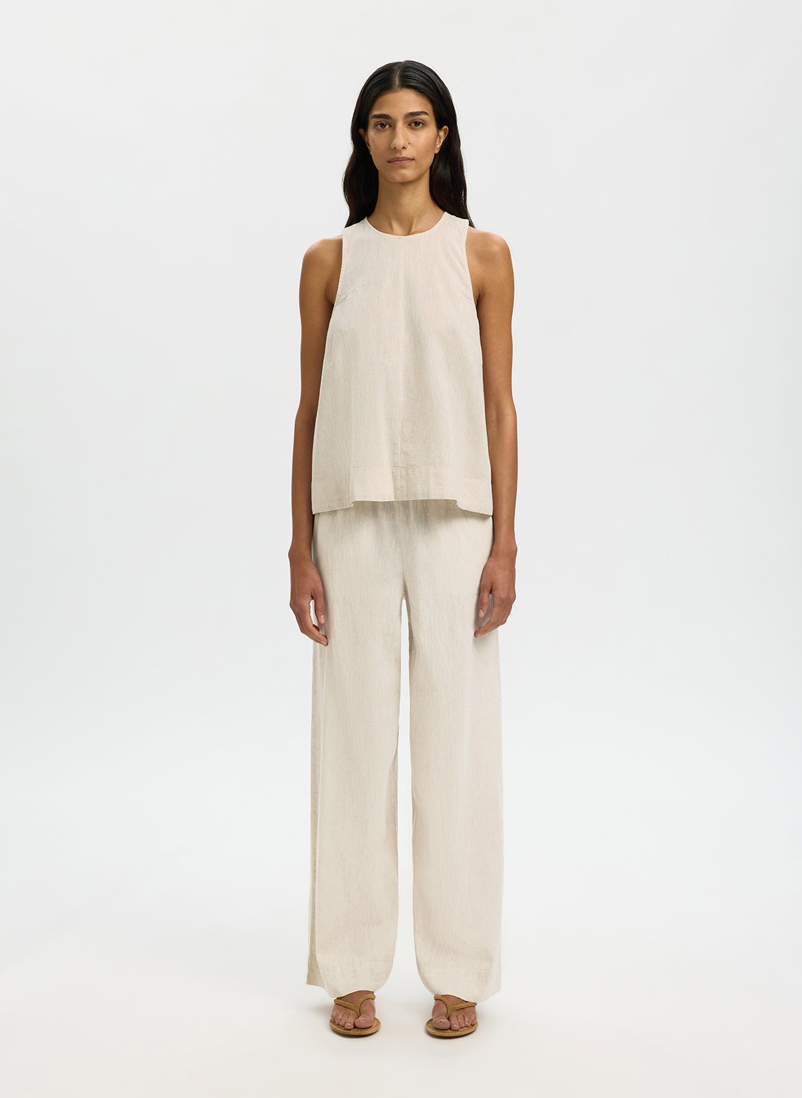 Round-neck top in blended linen and organic cotton SELECTED Beige