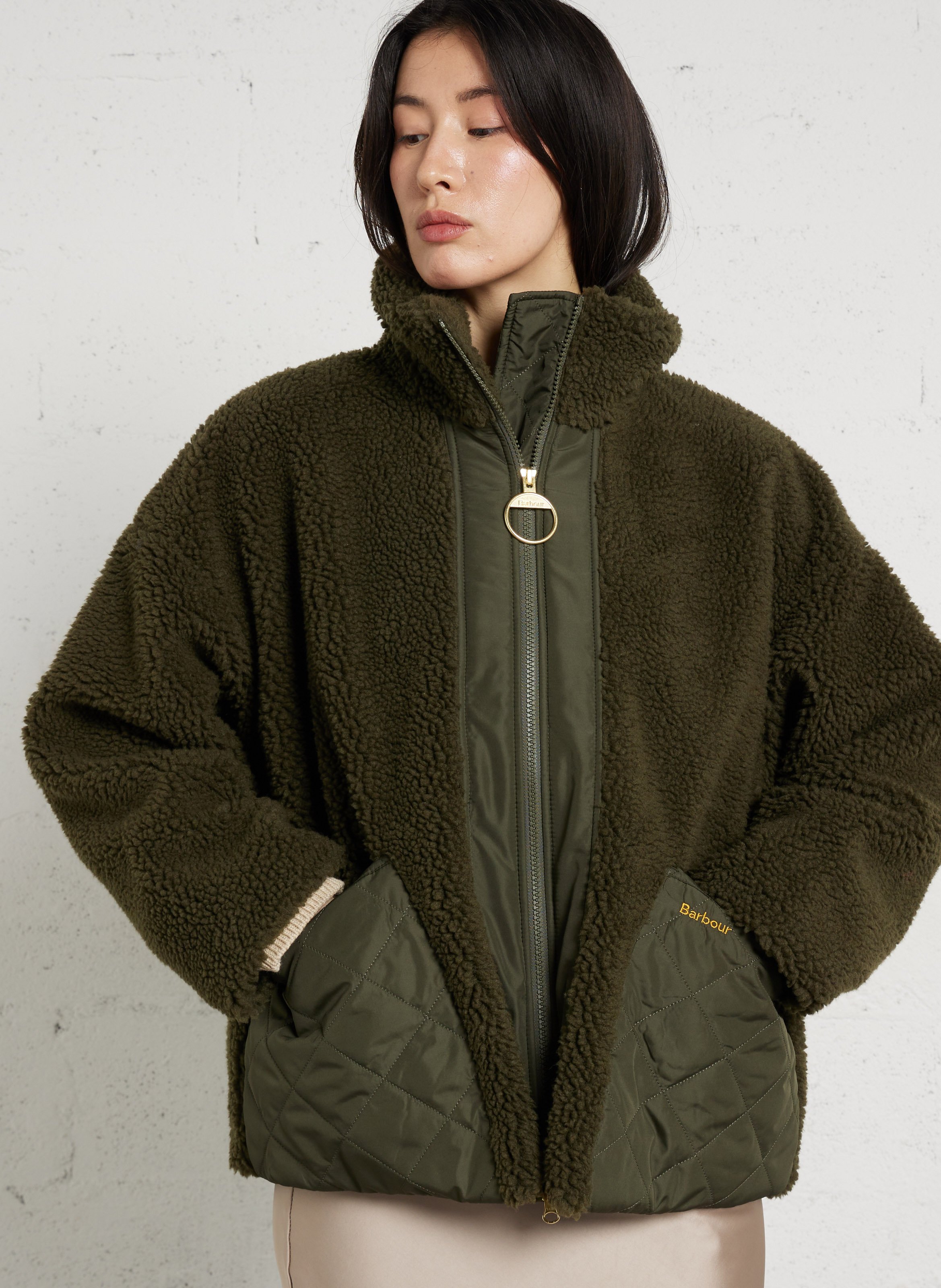 Oversized zip-up jacket faux fur BARBOUR Khaki