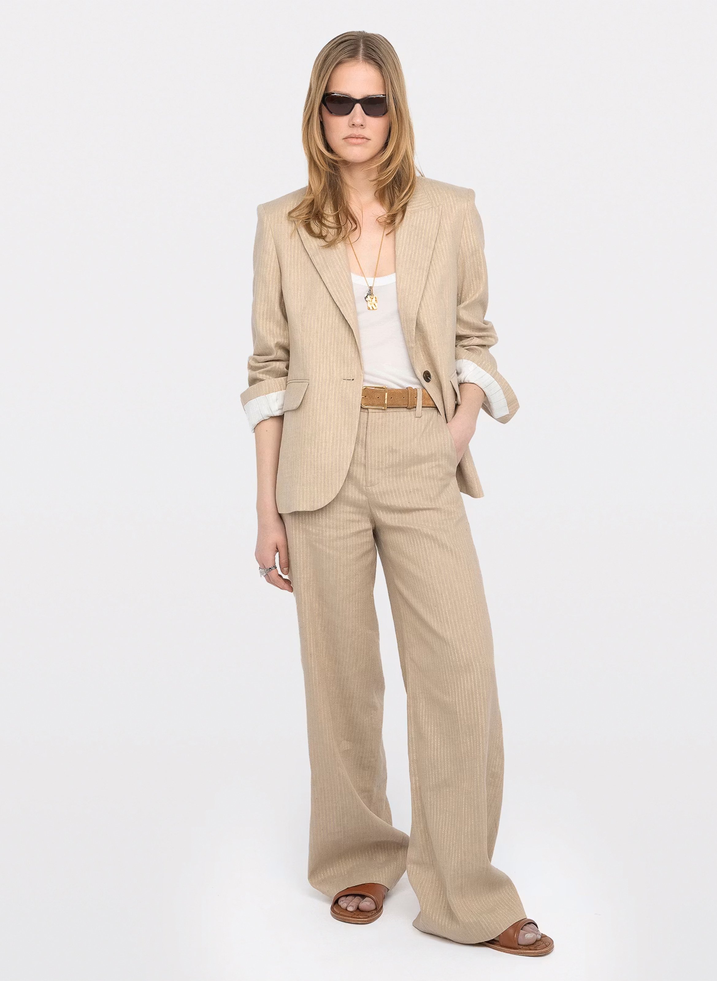 Veste tailleur droite rayée en lin mélangé ZADIG&VOLTAIRE Beige