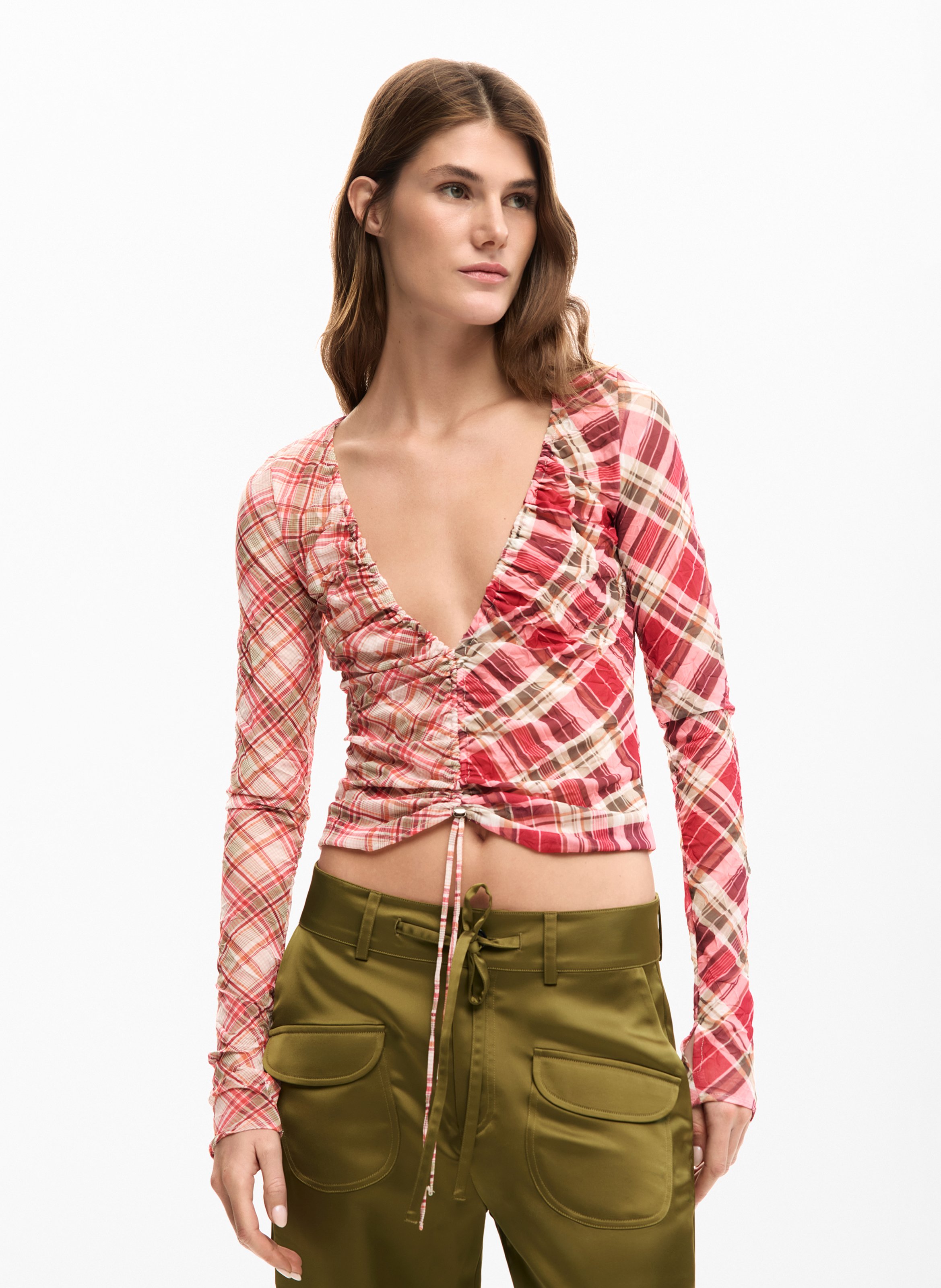 Top à carreaux décolleté v DESIGUAL Rouge